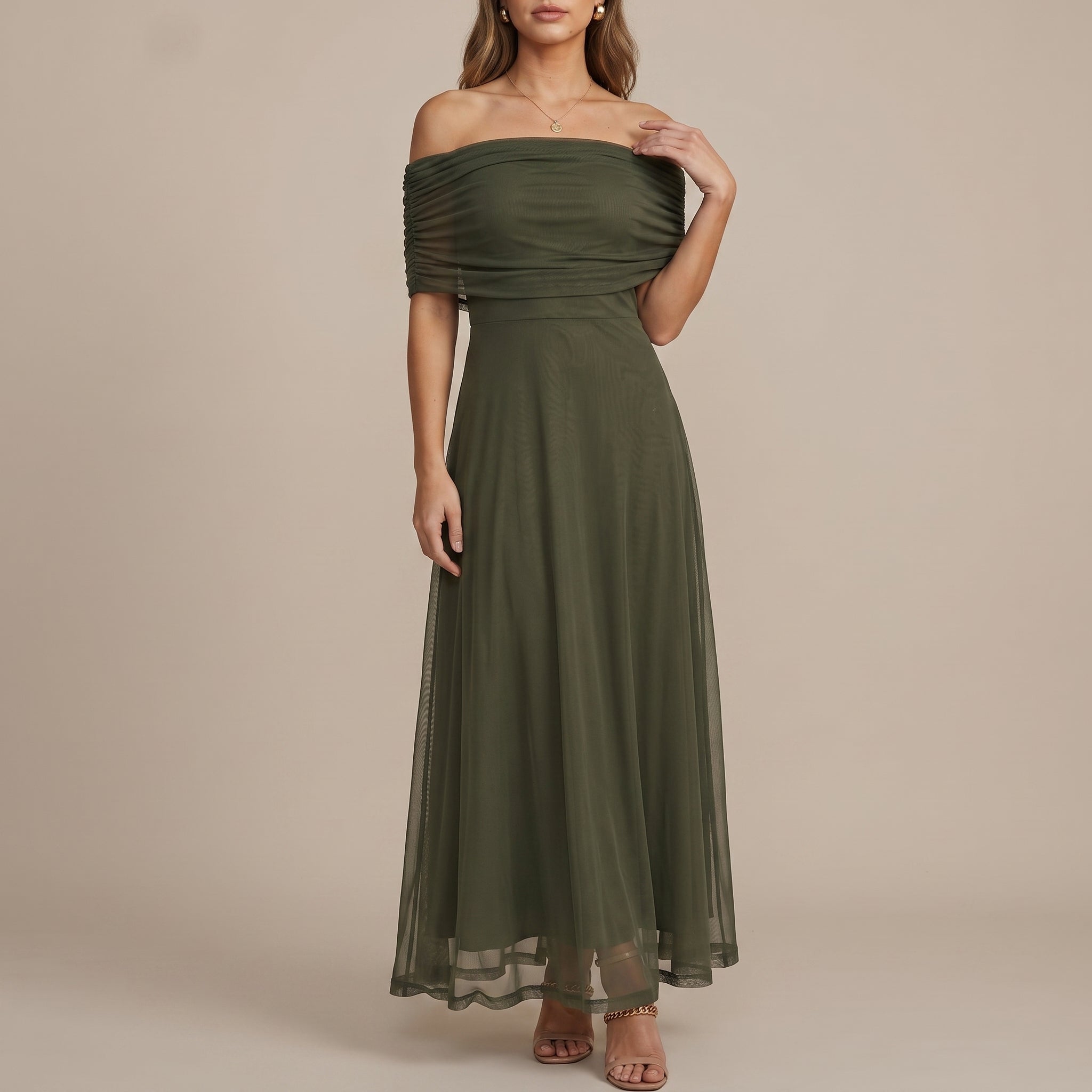 Clara - Women's Wedding Guest Off-Shoulder Ruched Maxi Dress - Dresses - Army Green - Taylor & Bennett