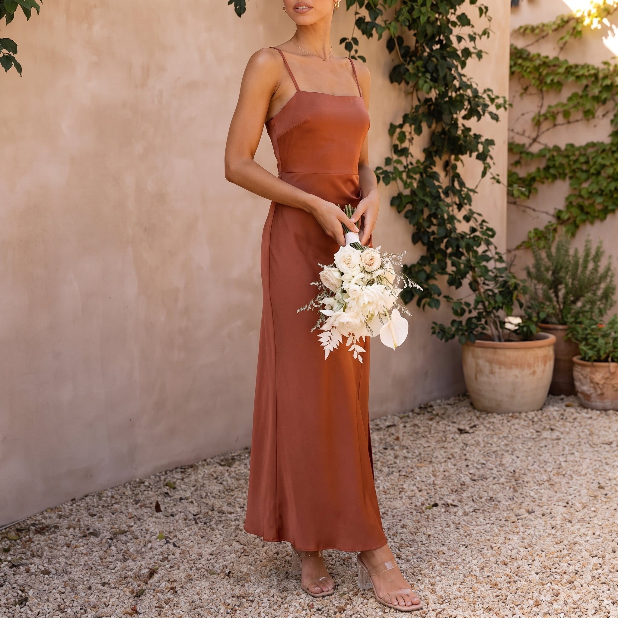 Clara - Women's Wedding Guest Spaghetti Strap Split Maxi Dress - Dresses - Brown - Taylor & Bennett