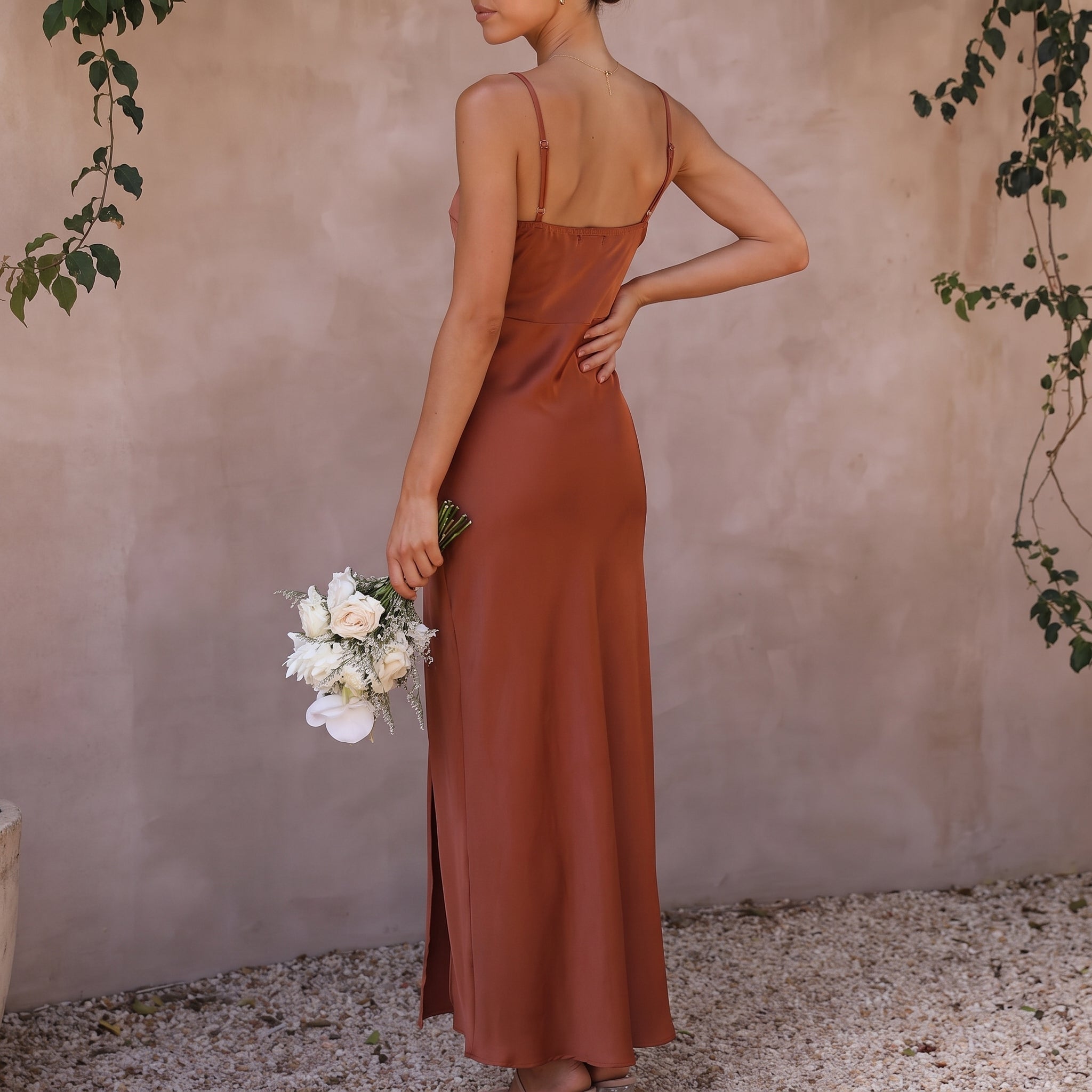 Clara - Women's Wedding Guest Spaghetti Strap Split Maxi Dress - Dresses - Brown - Taylor & Bennett