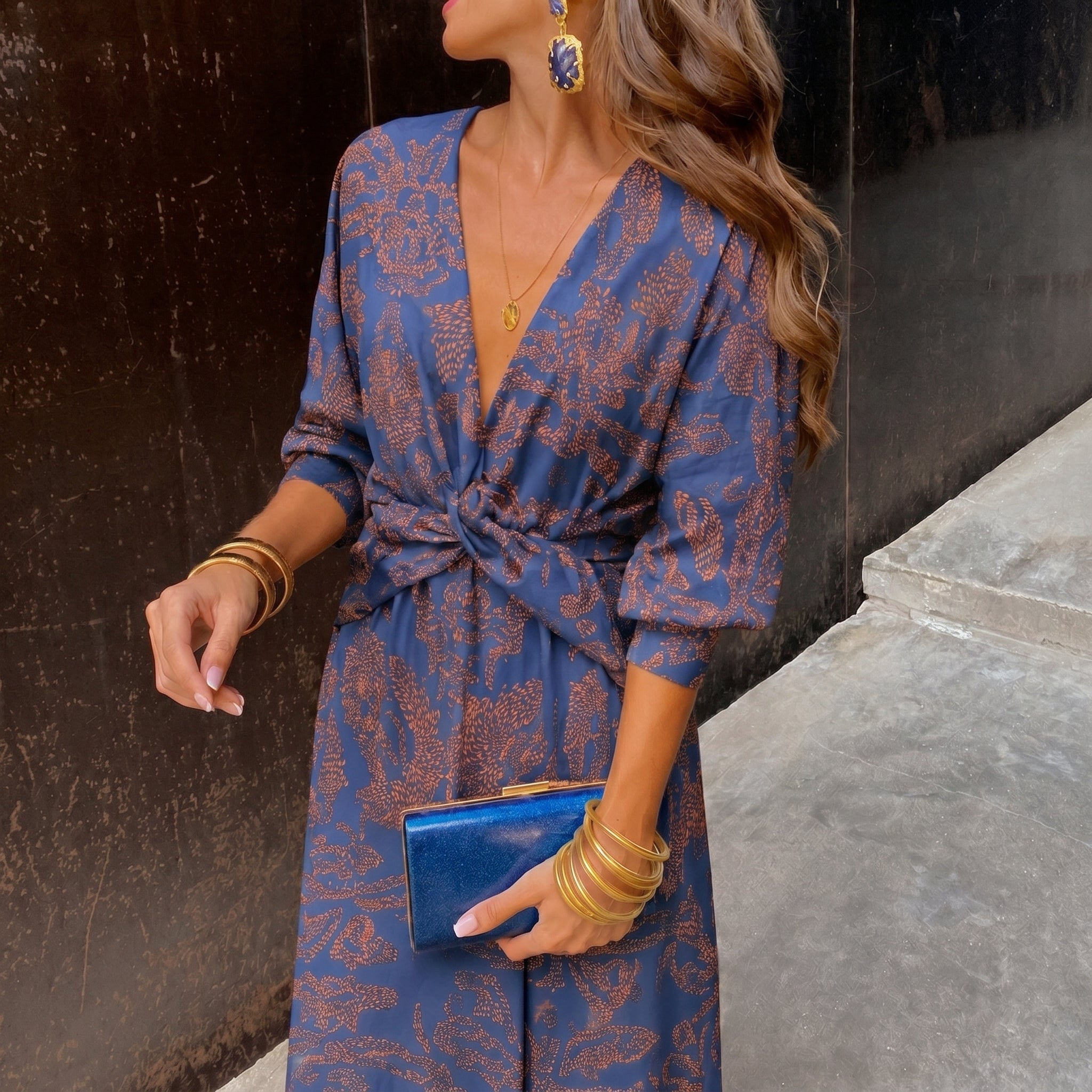 Clara - Women's Wedding Guest Vintage Floral Midi Dress - Midi Dress - Blue - Taylor & Bennett