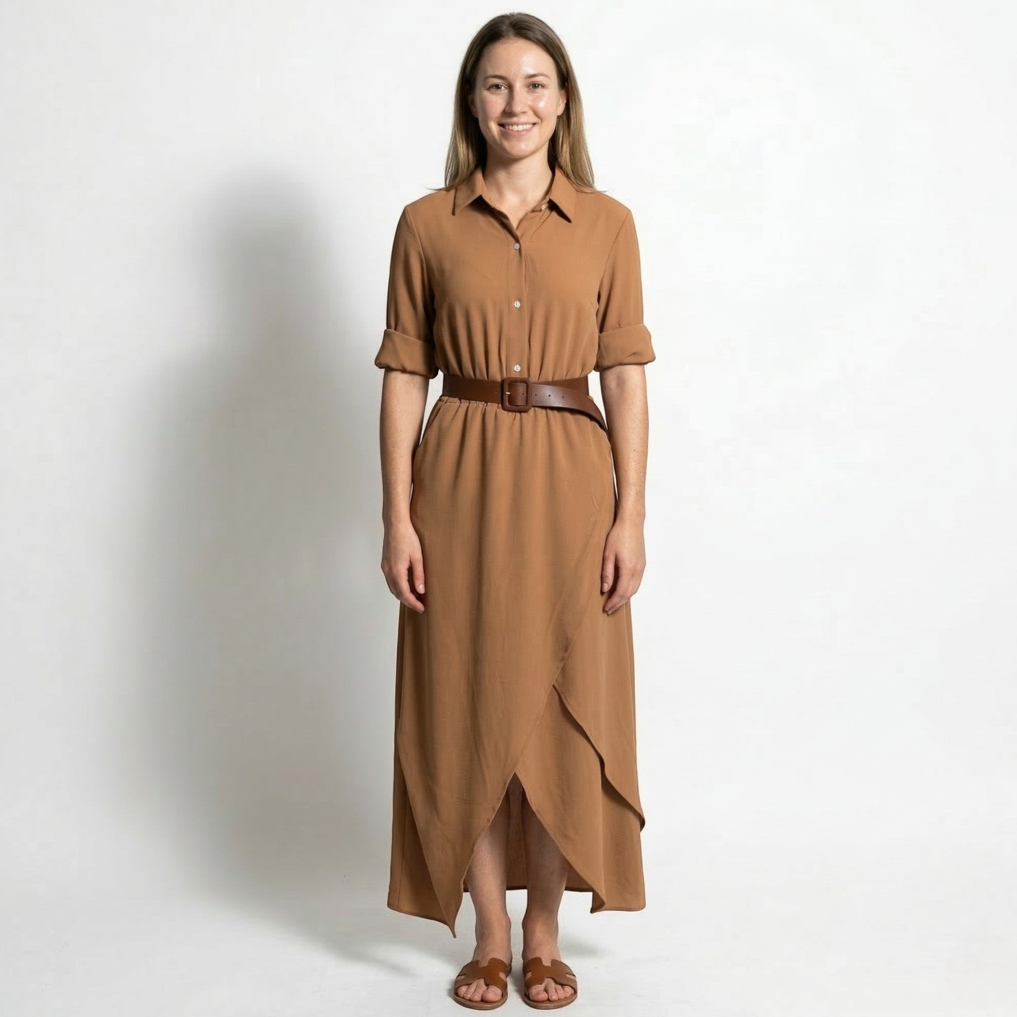 Clara - Women's Wrap Maxi Dress with Belted Waist - Maxi Dress - Khaki - Taylor & Bennett