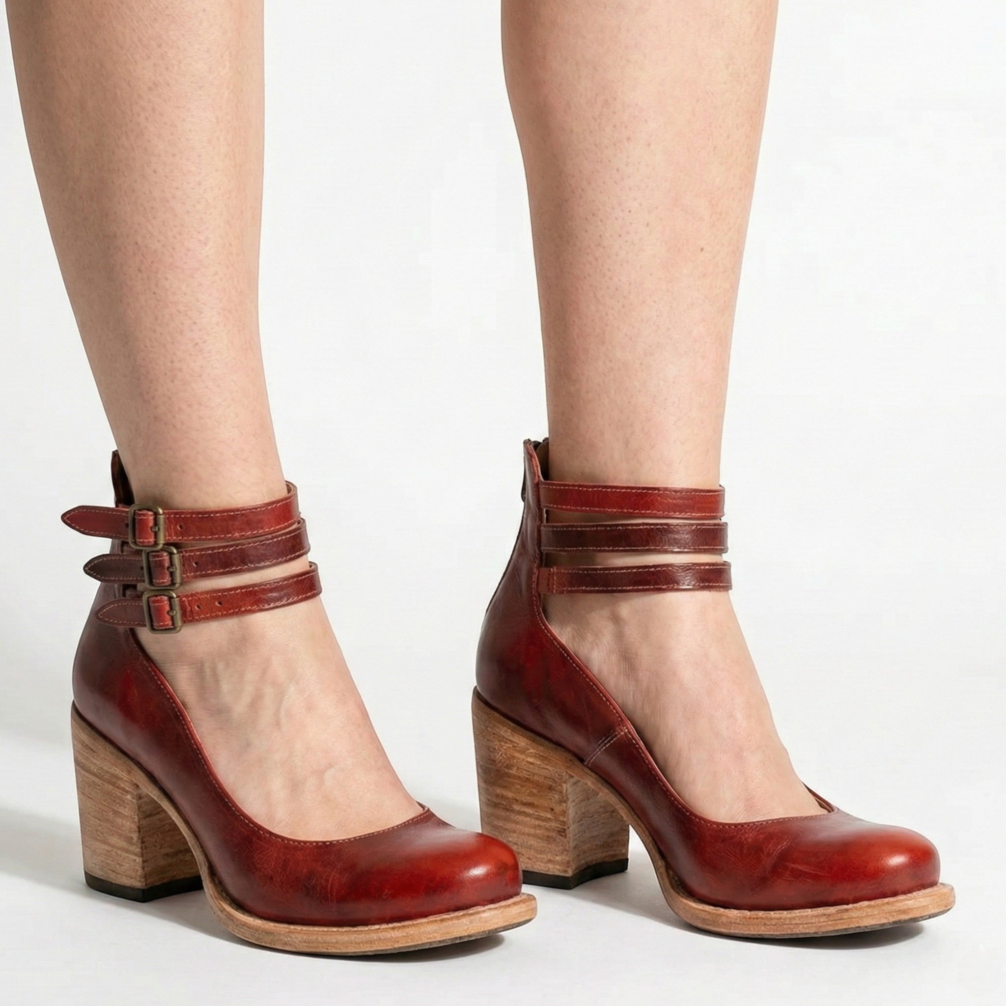 Daisy - Women's Block Heel Ankle Boots with Triple Buckle Straps - Sandals - Red - Taylor & Bennett