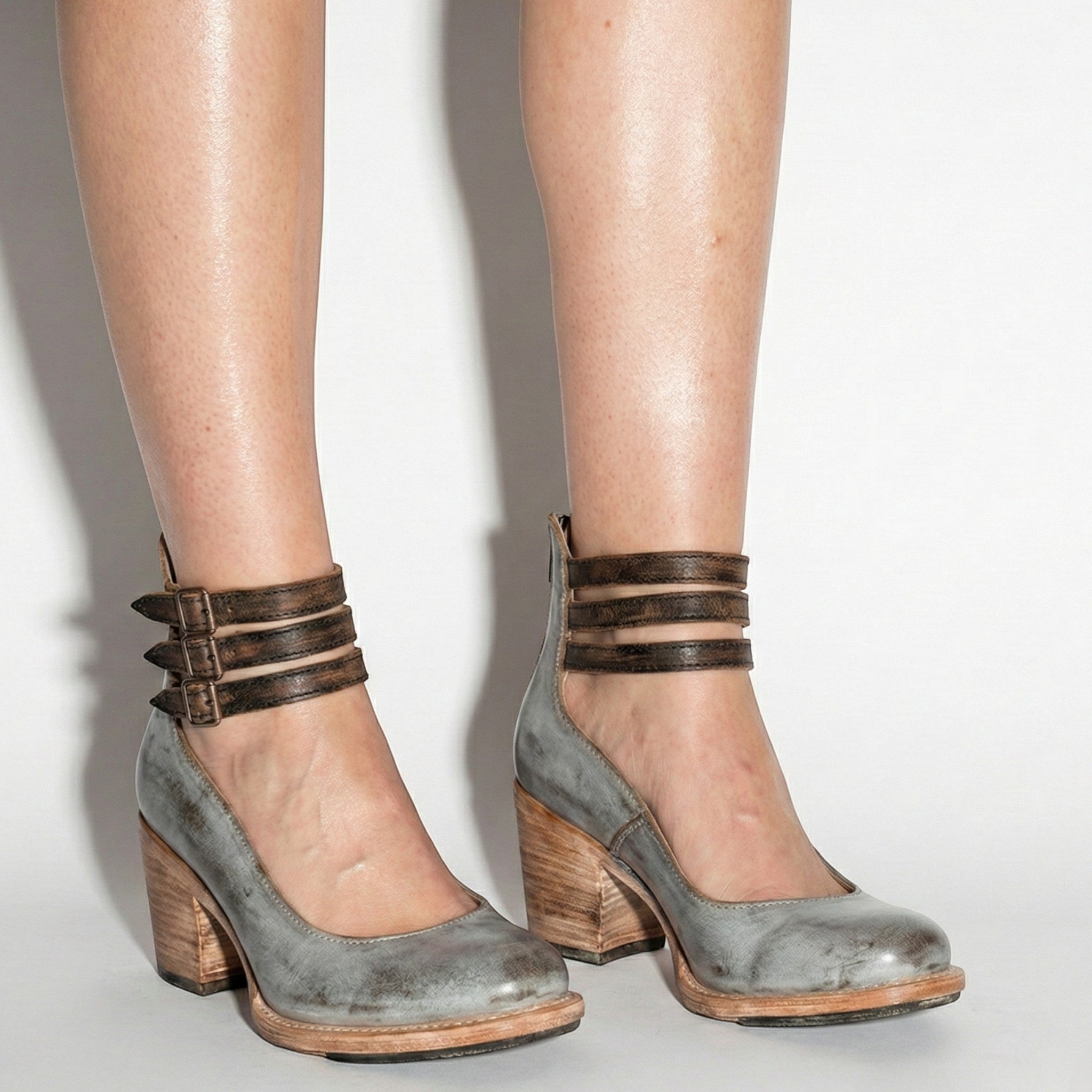 Daisy - Women's Block Heel Ankle Boots with Triple Buckle Straps - Sandals - Grey - Taylor & Bennett