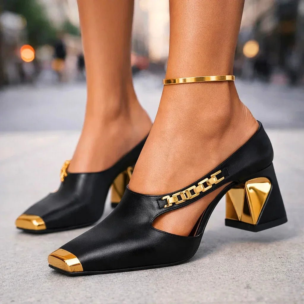 Daisy - Women's Block Heel Pumps with Gold Toe Cap - Heels - Black - Taylor & Bennett