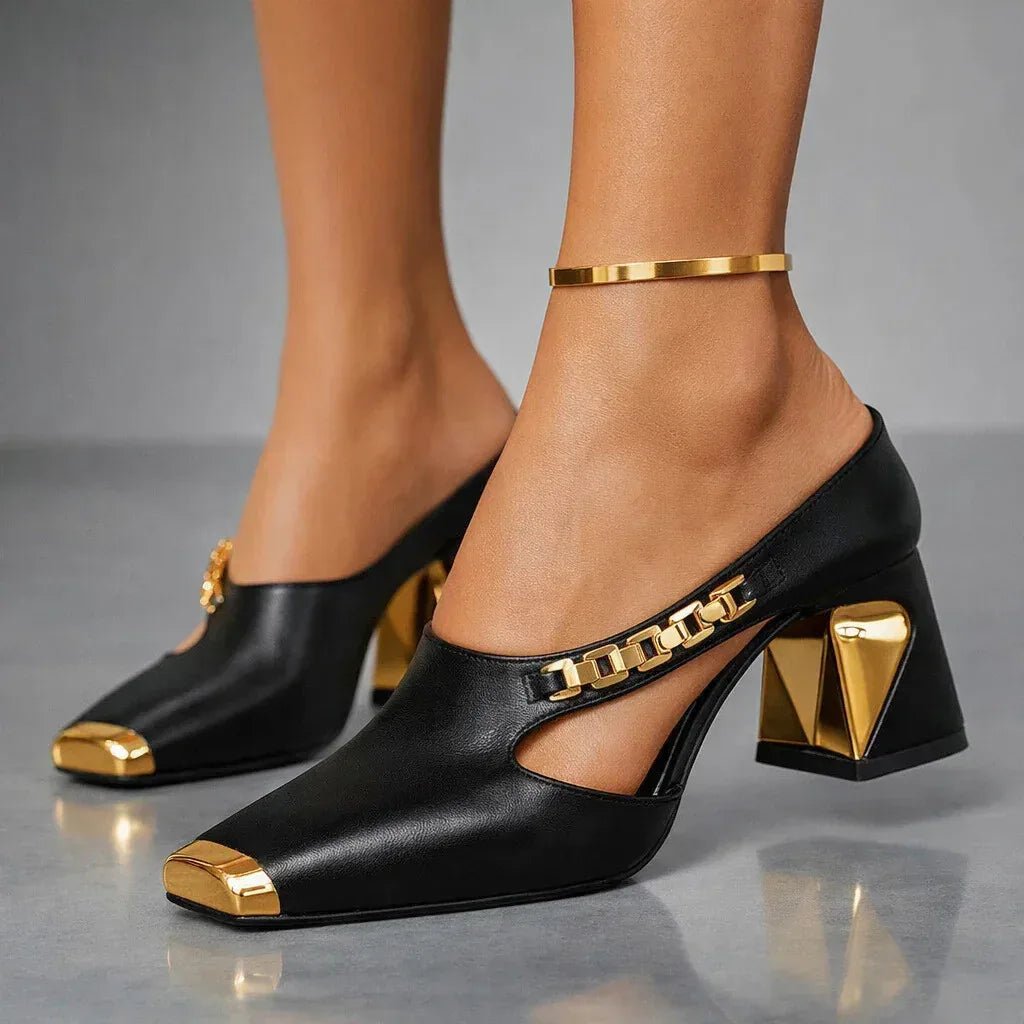 Daisy - Women's Block Heel Pumps with Gold Toe Cap - Heels - Black - Taylor & Bennett