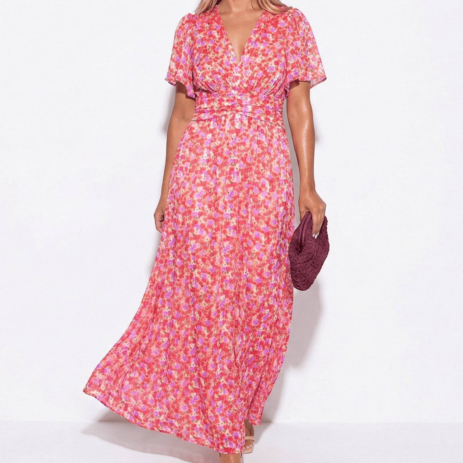 Daisy - Women's Floral Maxi Dress with V - Neck and Flutter Sleeves - Dress - Pink - Taylor & Bennett