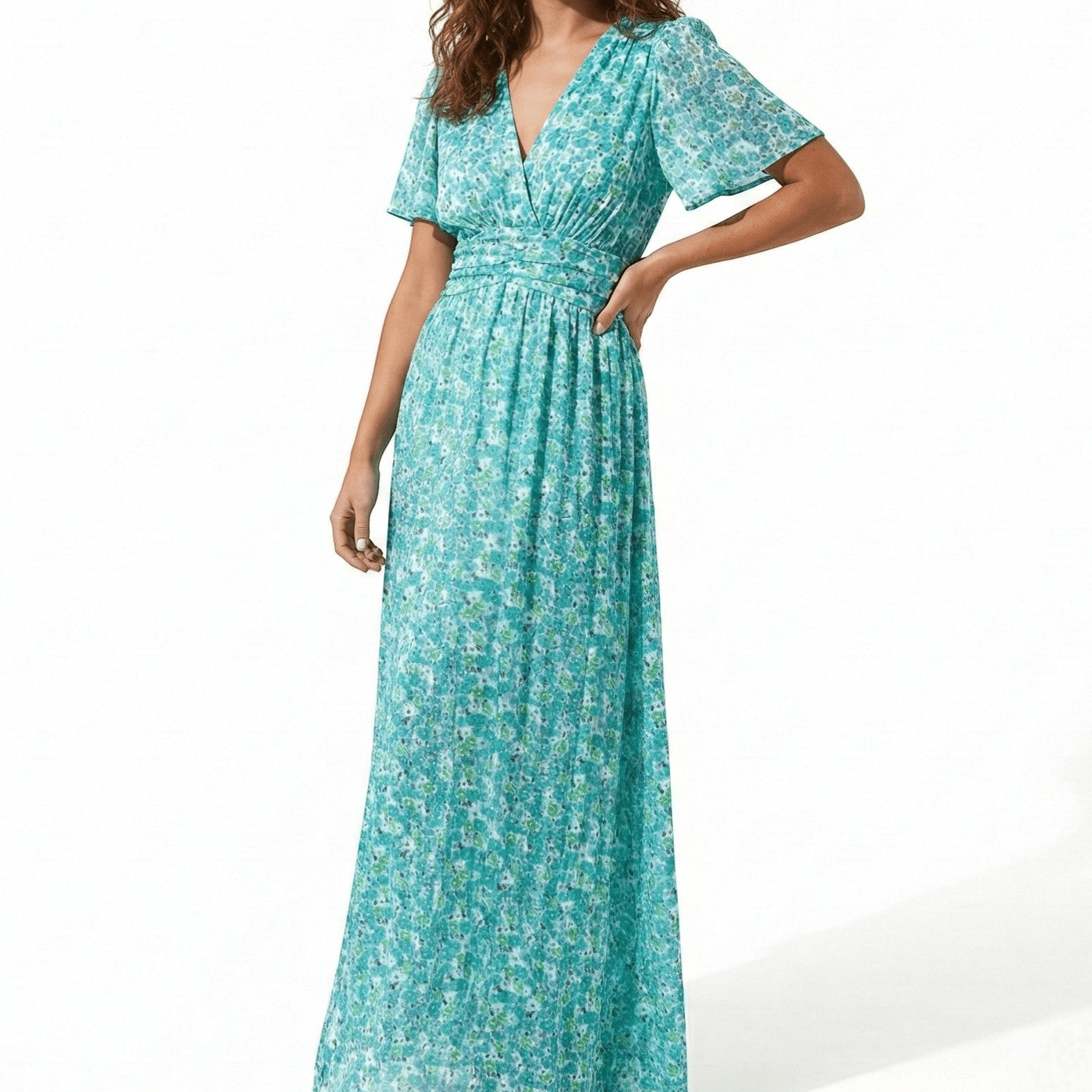 Daisy - Women's Floral Maxi Dress with V - Neck and Flutter Sleeves - Dress - Green - Taylor & Bennett