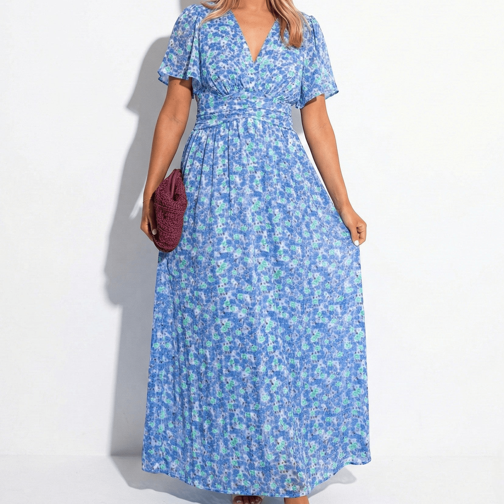 Daisy - Women's Floral Maxi Dress with V - Neck and Flutter Sleeves - Dress - Blue - Taylor & Bennett