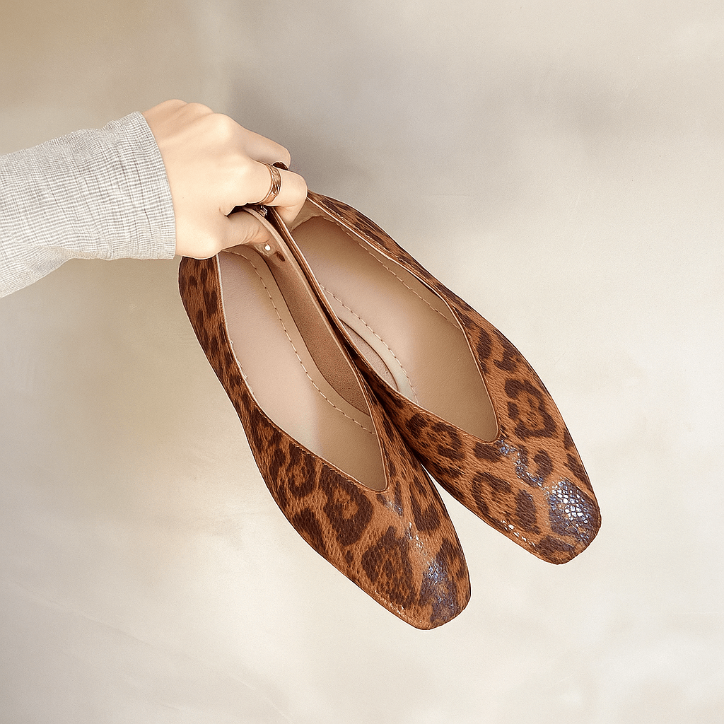 Daisy - Women's Leopard Print Flats with Square Toe - Sandals - Light Brown - Taylor & Bennett