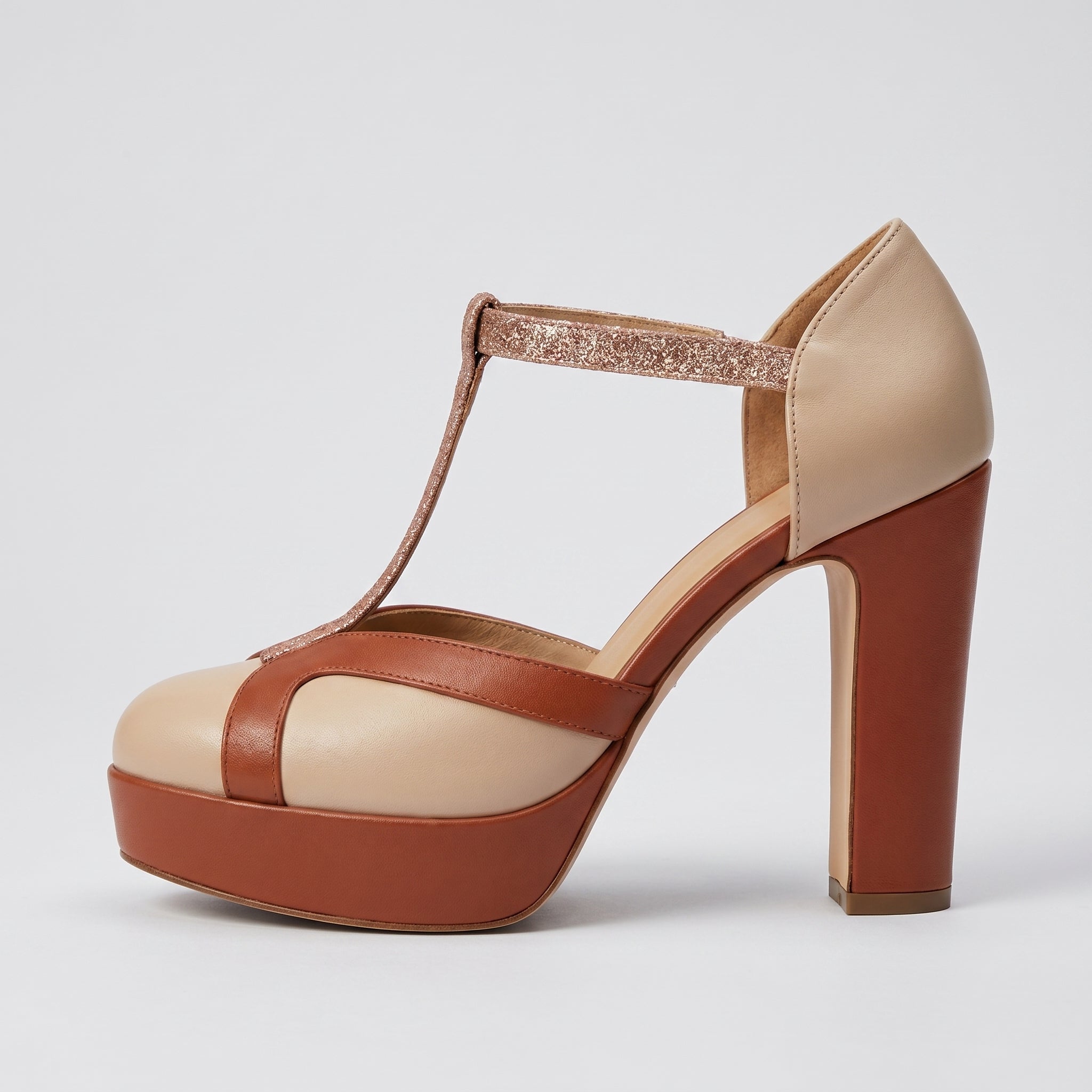 Daisy - Women's Platform Block Heel Sandals with T - Bar Strap - Heels - Brown - Taylor & Bennett