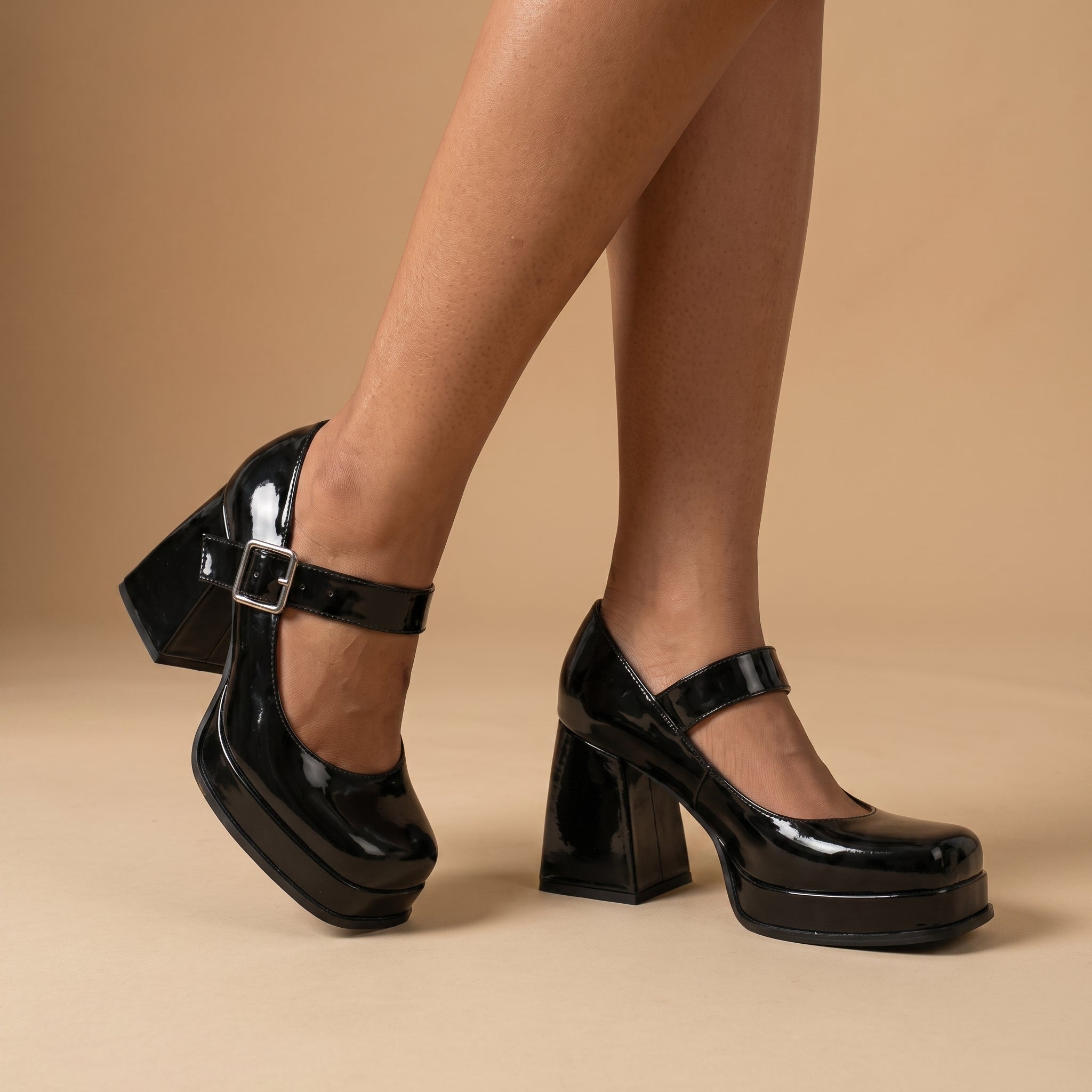 Daisy - Women's Platform Mary Jane Pupms with Buckle Strap - Heels - Black - Taylor & Bennett