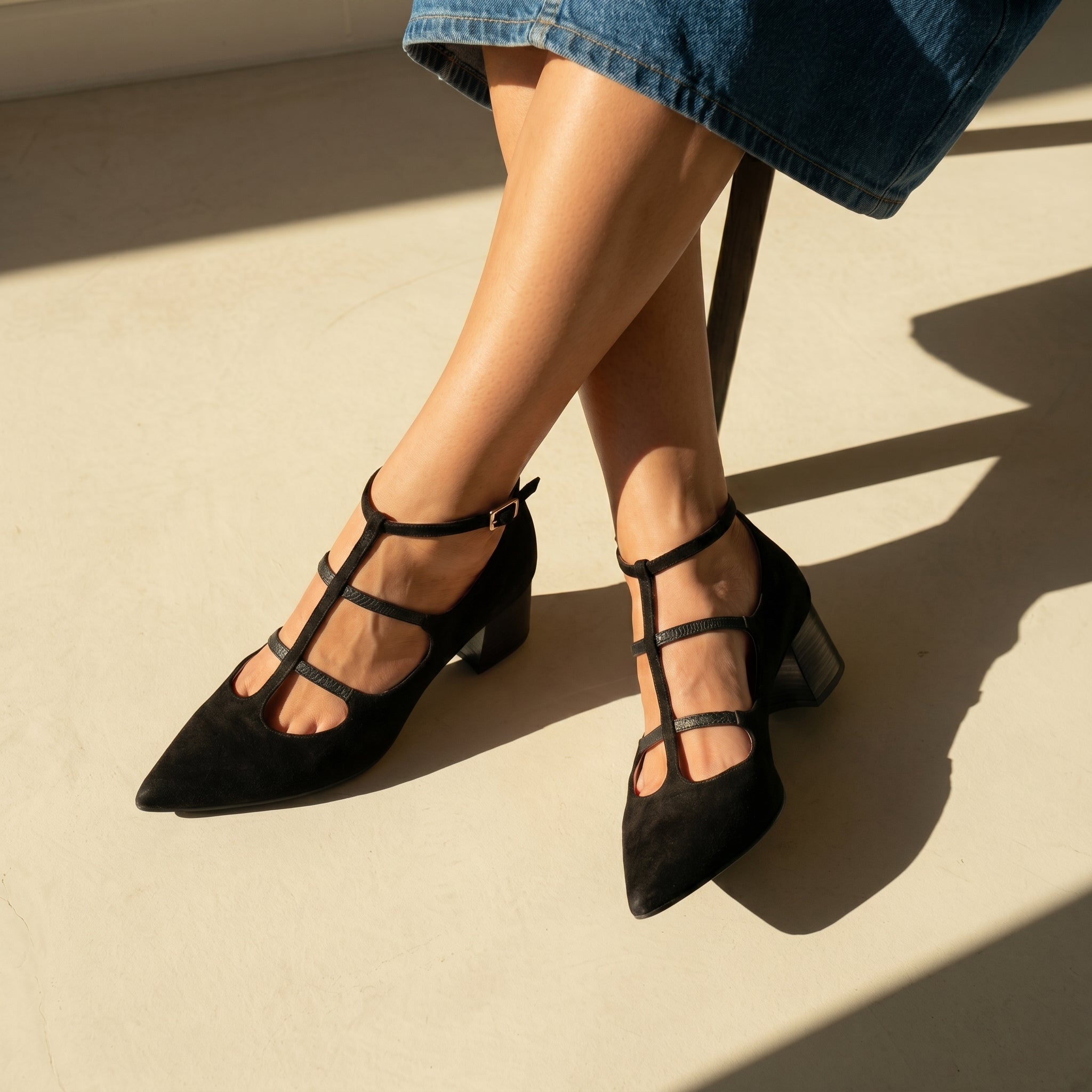 Daisy - Women's Pointed Toe Multi - Strap Kitten Heel Pumps - Heels - Black - Taylor & Bennett
