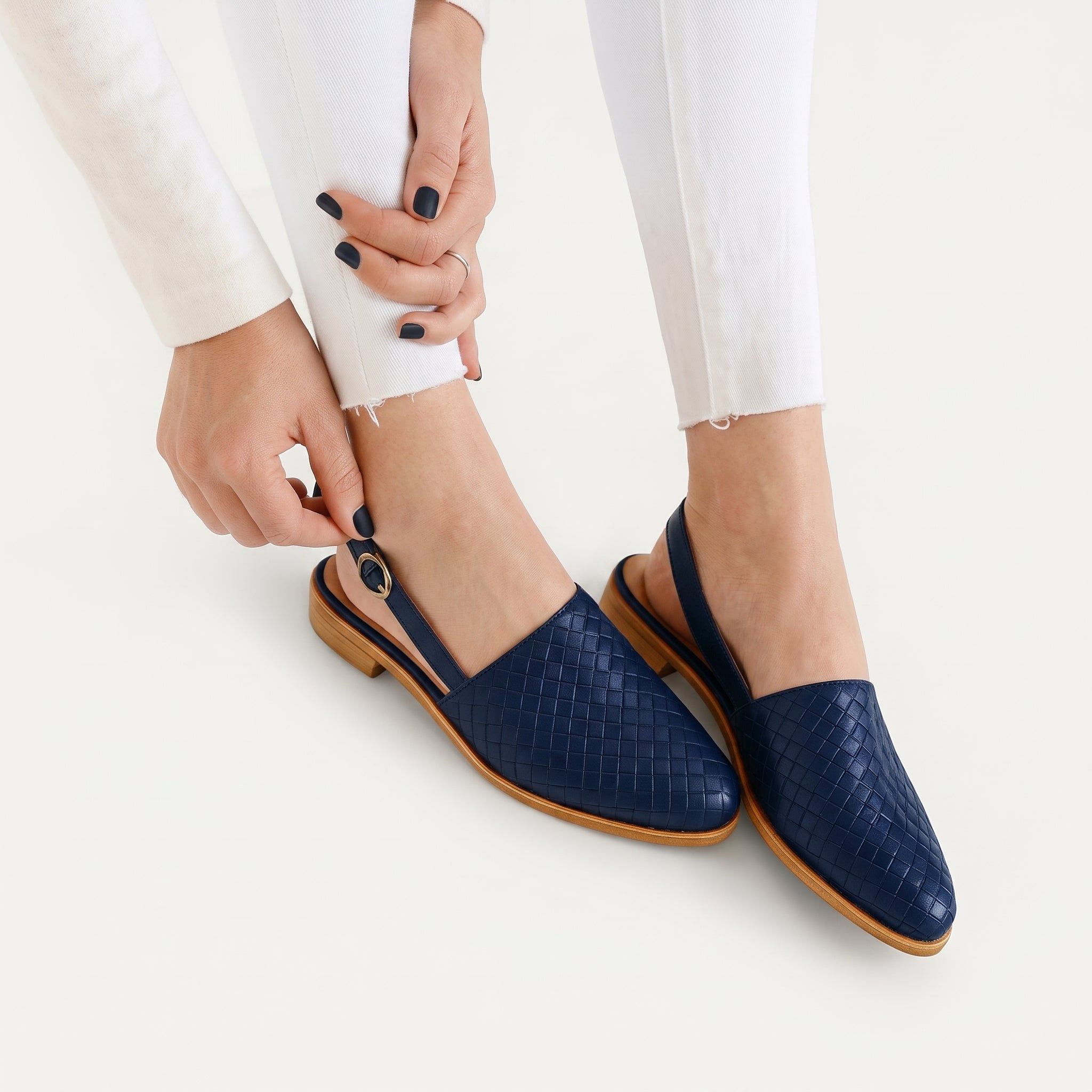 Daisy - Women's Woven Slingback Mules with Buckle Strap - Sandals - Blue - Taylor & Bennett