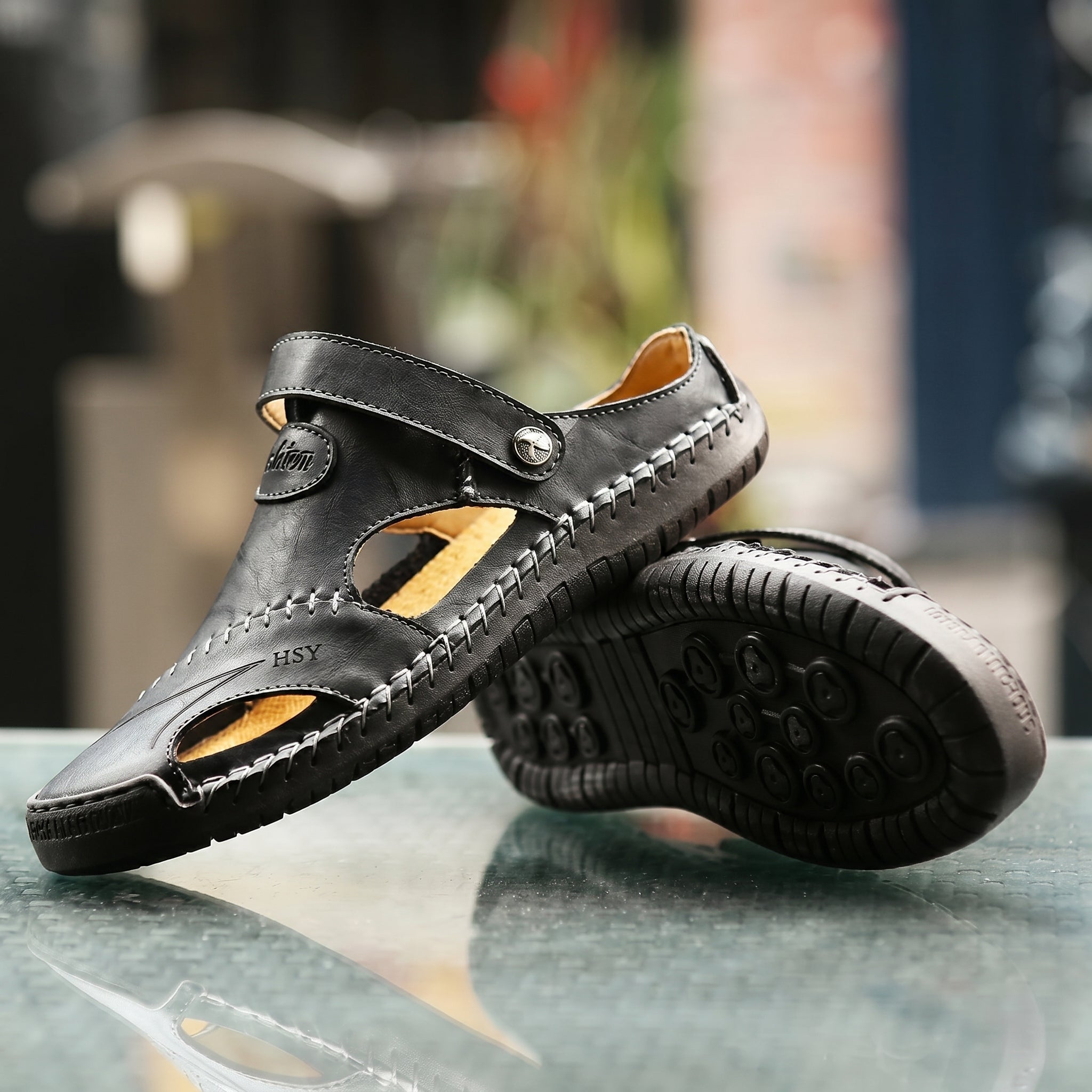 Dean - Men's Orthopaedic Cut-Out Buckle Strap Sandals - Sandal - Black - Taylor & Bennett