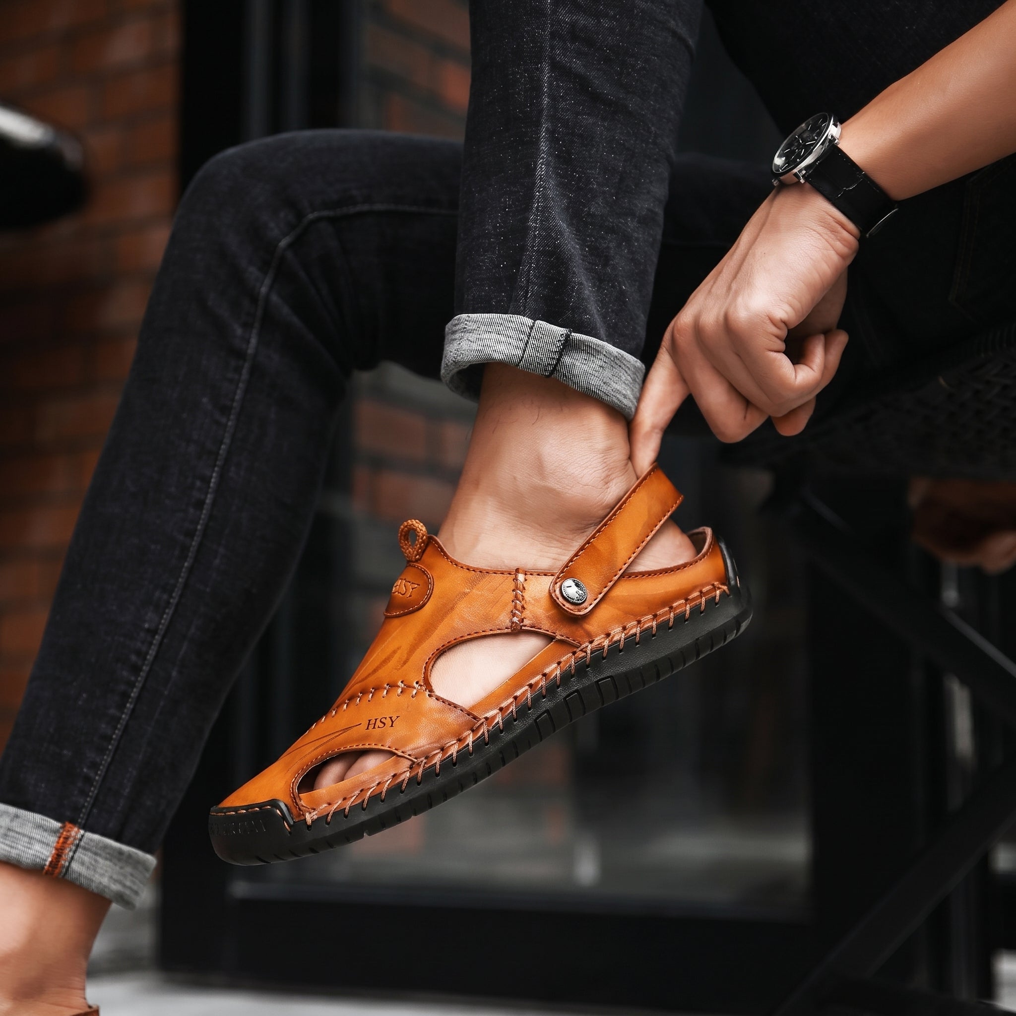 Dean - Men's Orthopaedic Cut-Out Buckle Strap Sandals - Sandal - Light Brown - Taylor & Bennett