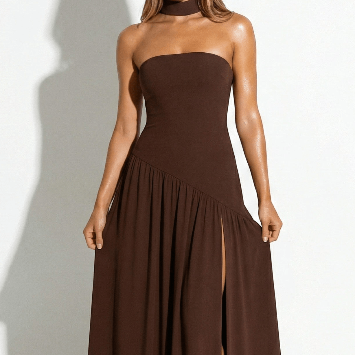 Deborah - Women's Strapless Maxi Dress with High Slit and Choker - Dresses - Brown - Taylor & Bennett