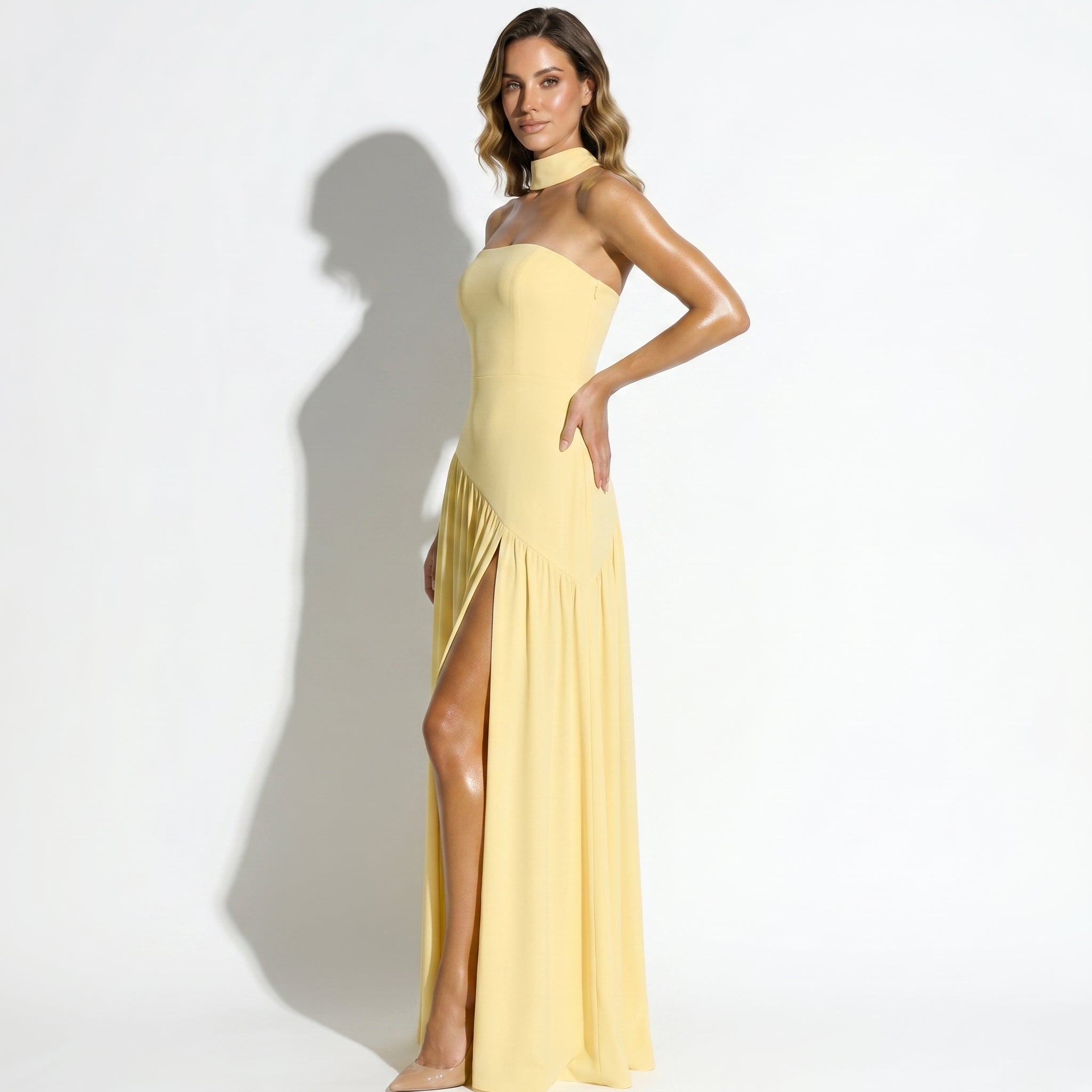 Deborah - Women's Wedding Guest Maxi Dress with High Slit - Dresses - Yellow - Taylor & Bennett