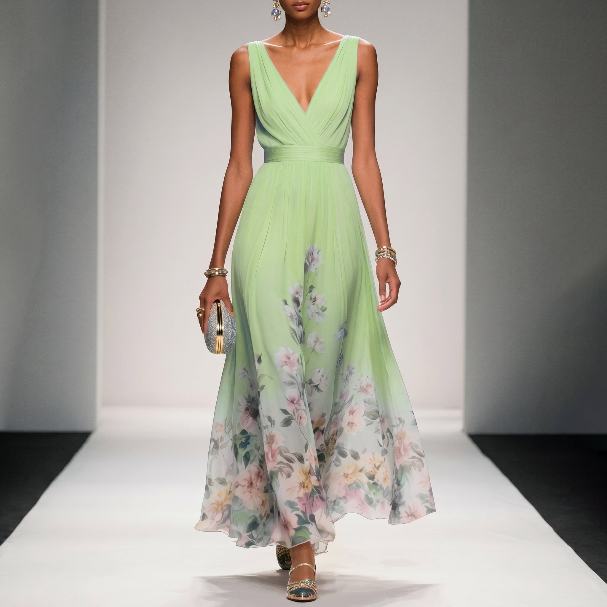 Diana - Women's Wedding Guest Sleeveless Floral Maxi Dress - Maxi Dresses - Light Green - Taylor & Bennett