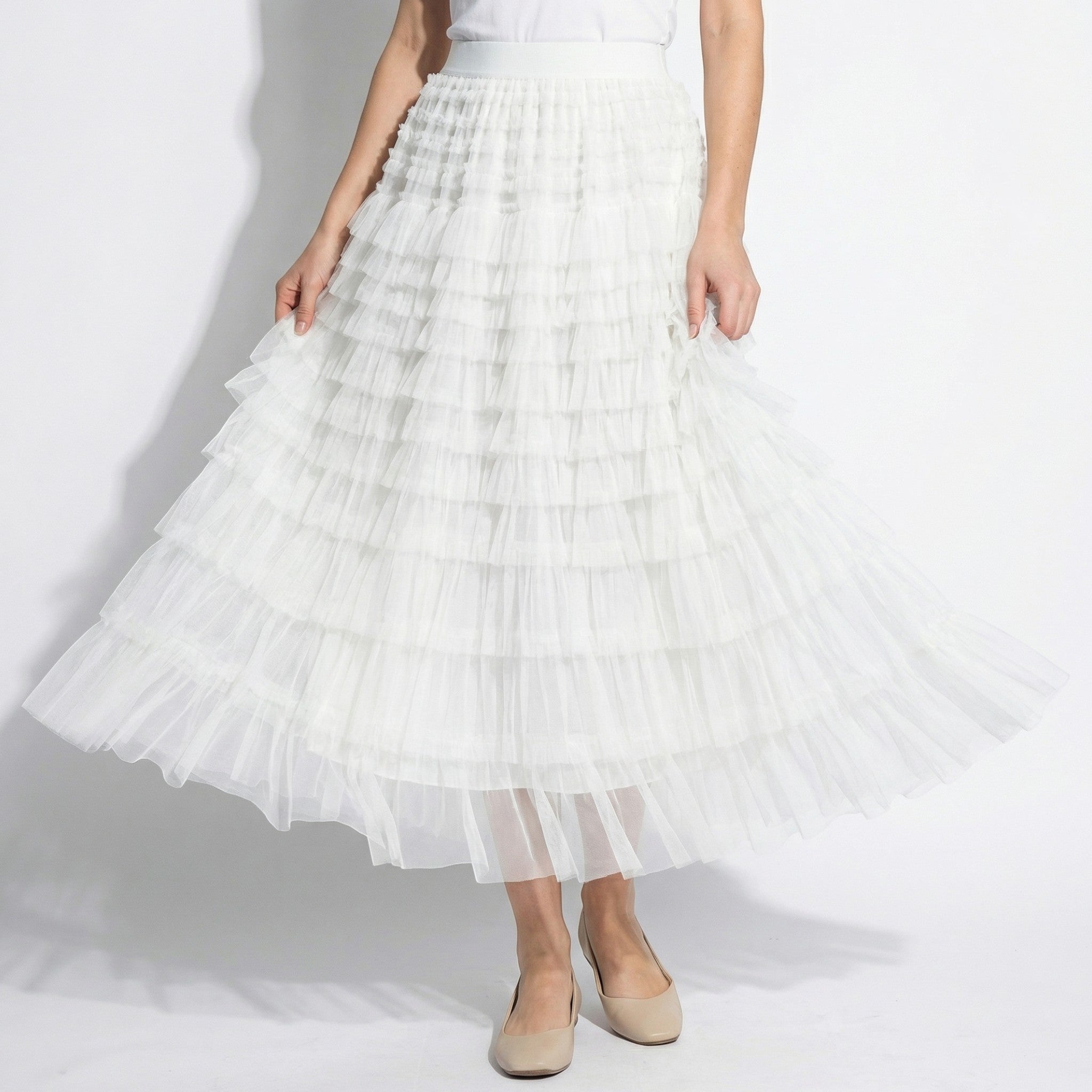 Dianne - Women's Summer Tiered Ruffle Tulle Maxi Skirt - Skirts - White - Taylor & Bennett