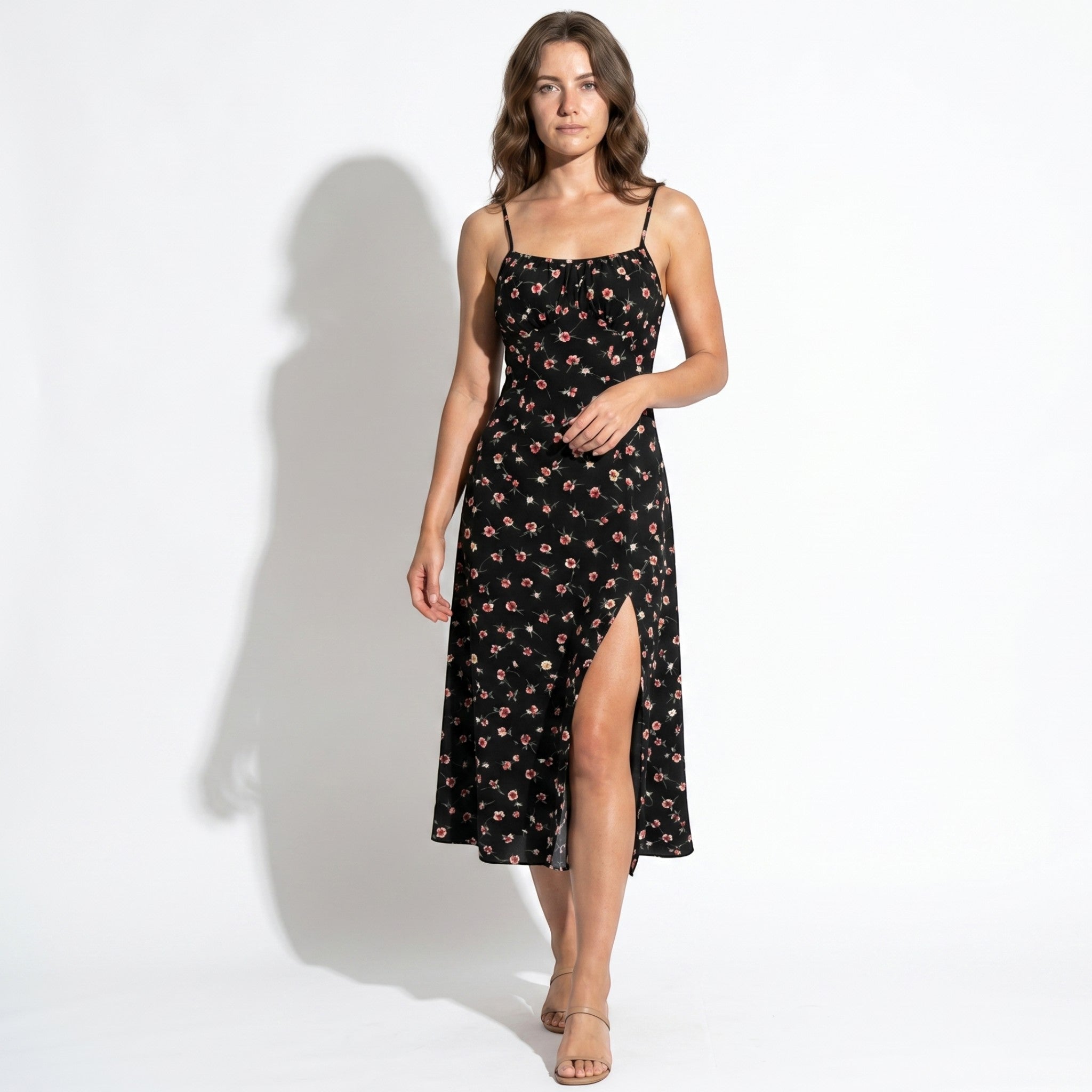 Dotty - Women's Summer Ruched Midi Dress with Side Split - Dress - Black - Taylor & Bennett