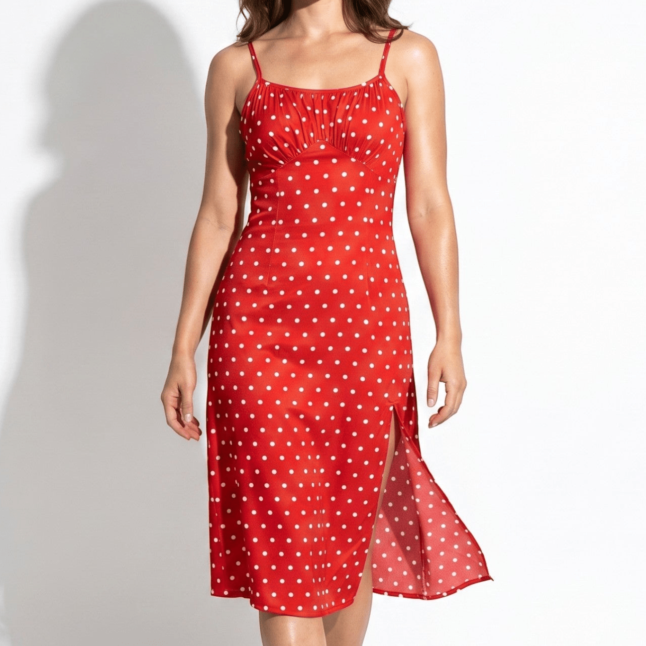 Dotty - Women's Summer Ruched Midi Dress with Side Split - Dress - Red - Taylor & Bennett