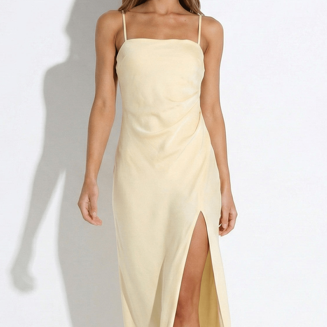 Eleanor - Women's Satin Slip Maxi Dress with Side Slit - Dress - Yellow - Taylor & Bennett