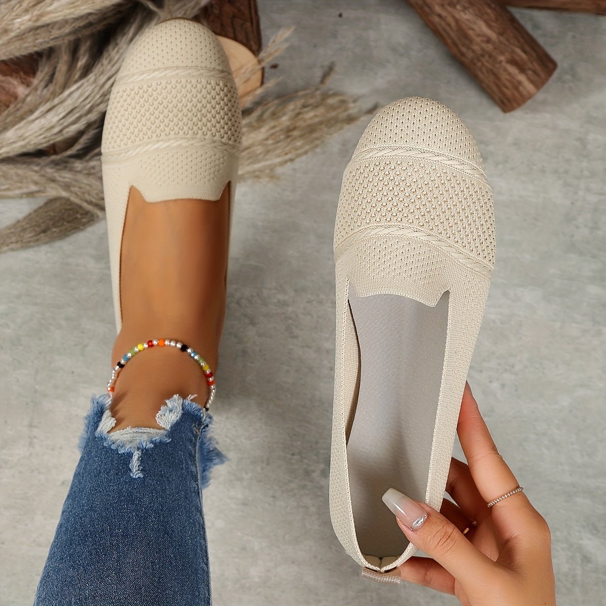 Eleanor - Women's Slip - On Flats with Breathable Knit - Sandals - Beige - Taylor & Bennett