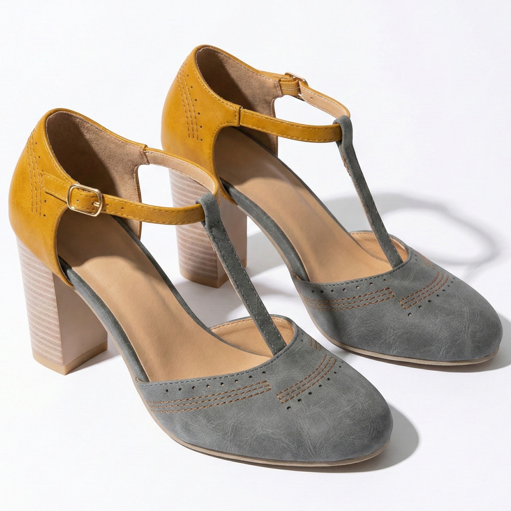 Eleanor - Women's T - Bar Block Heel Brogue Sandals - Brogue Sandals - Grey - Taylor & Bennett