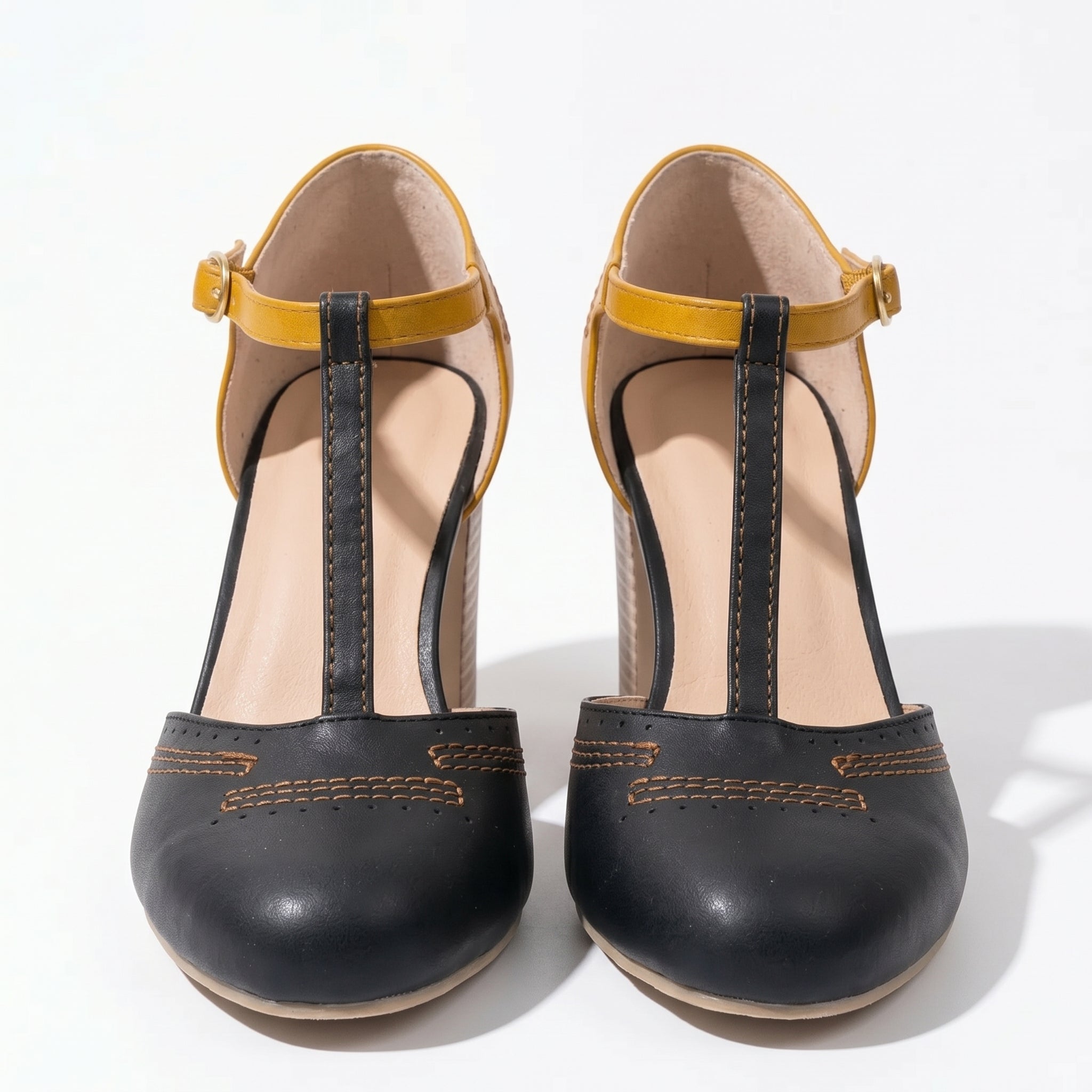 Eleanor - Women's T - Bar Block Heel Brogue Sandals - Brogue Sandals - Black - Taylor & Bennett