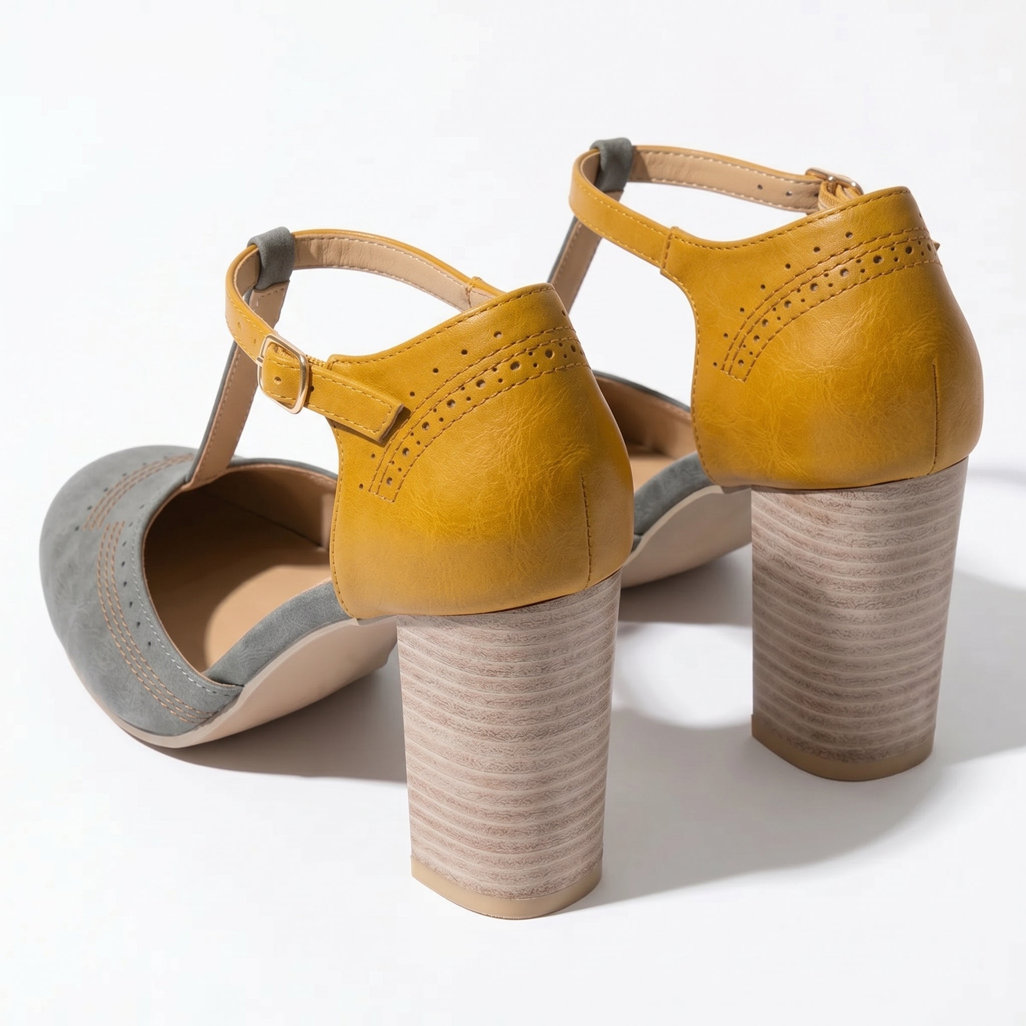 Eleanor - Women's T - Bar Block Heel Brogue Sandals - Brogue Sandals - Grey - Taylor & Bennett