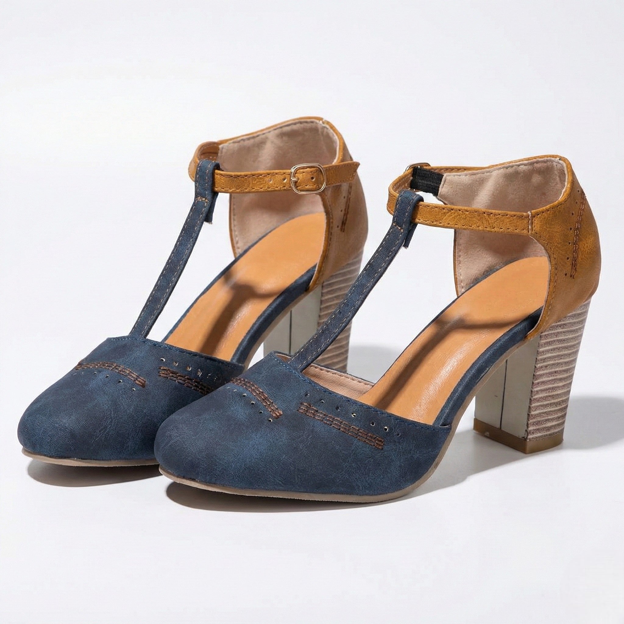 Eleanor - Women's T - Bar Block Heel Brogue Sandals - Brogue Sandals - Blue - Taylor & Bennett