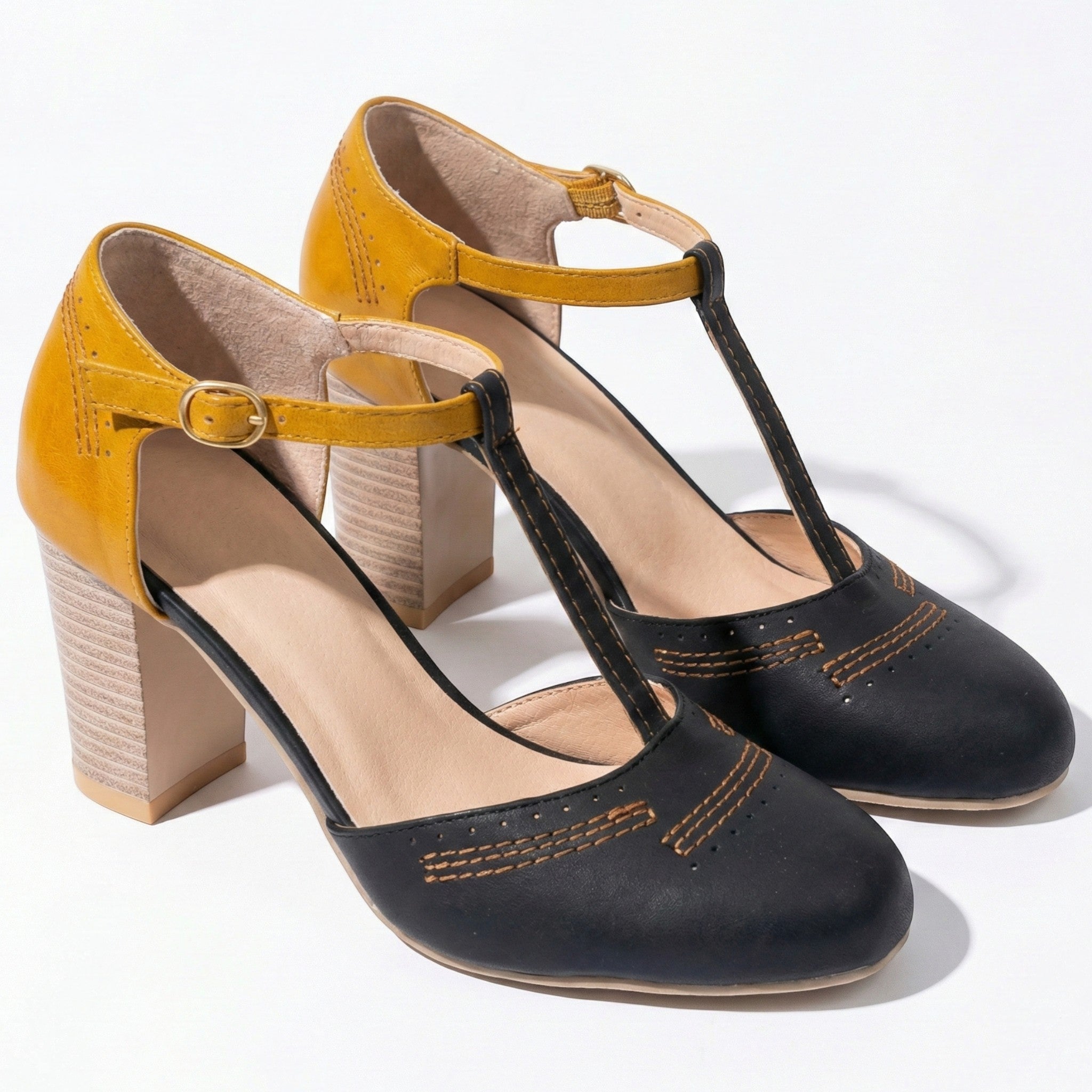 Eleanor - Women's T - Bar Block Heel Brogue Sandals - Brogue Sandals - Black - Taylor & Bennett