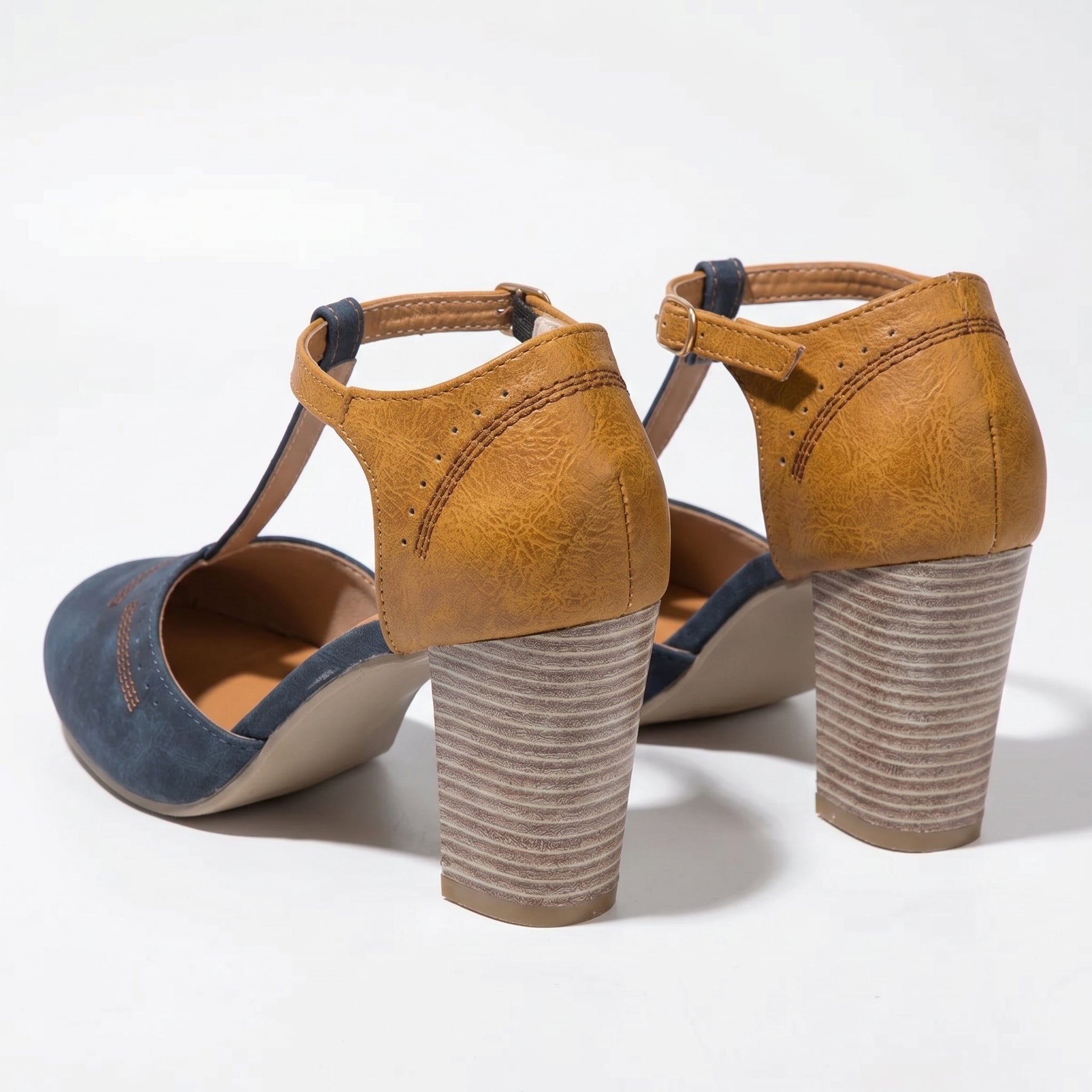 Eleanor - Women's T - Bar Block Heel Brogue Sandals - Brogue Sandals - Blue - Taylor & Bennett
