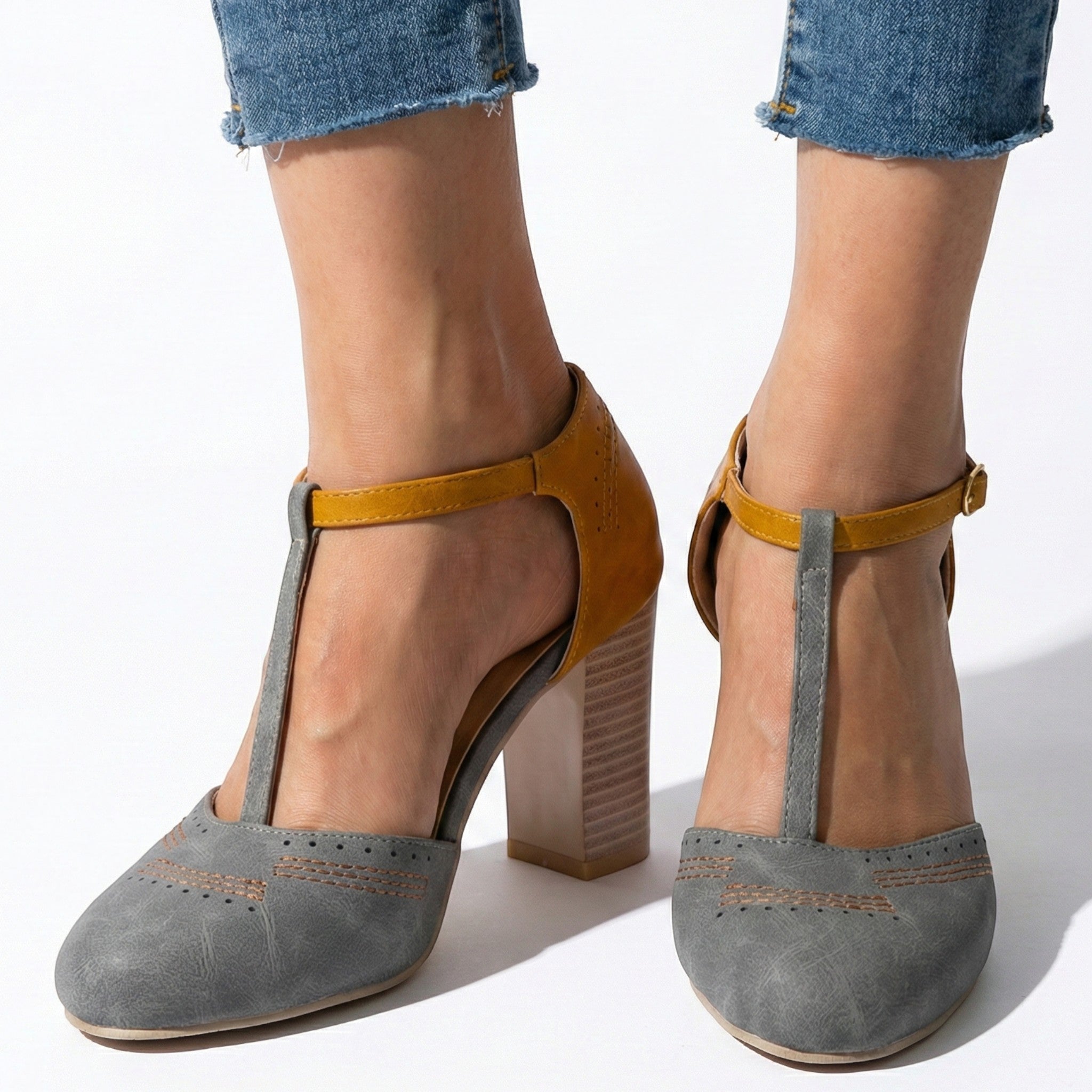 Eleanor - Women's T - Bar Block Heel Brogue Sandals - Brogue Sandals - Grey - Taylor & Bennett