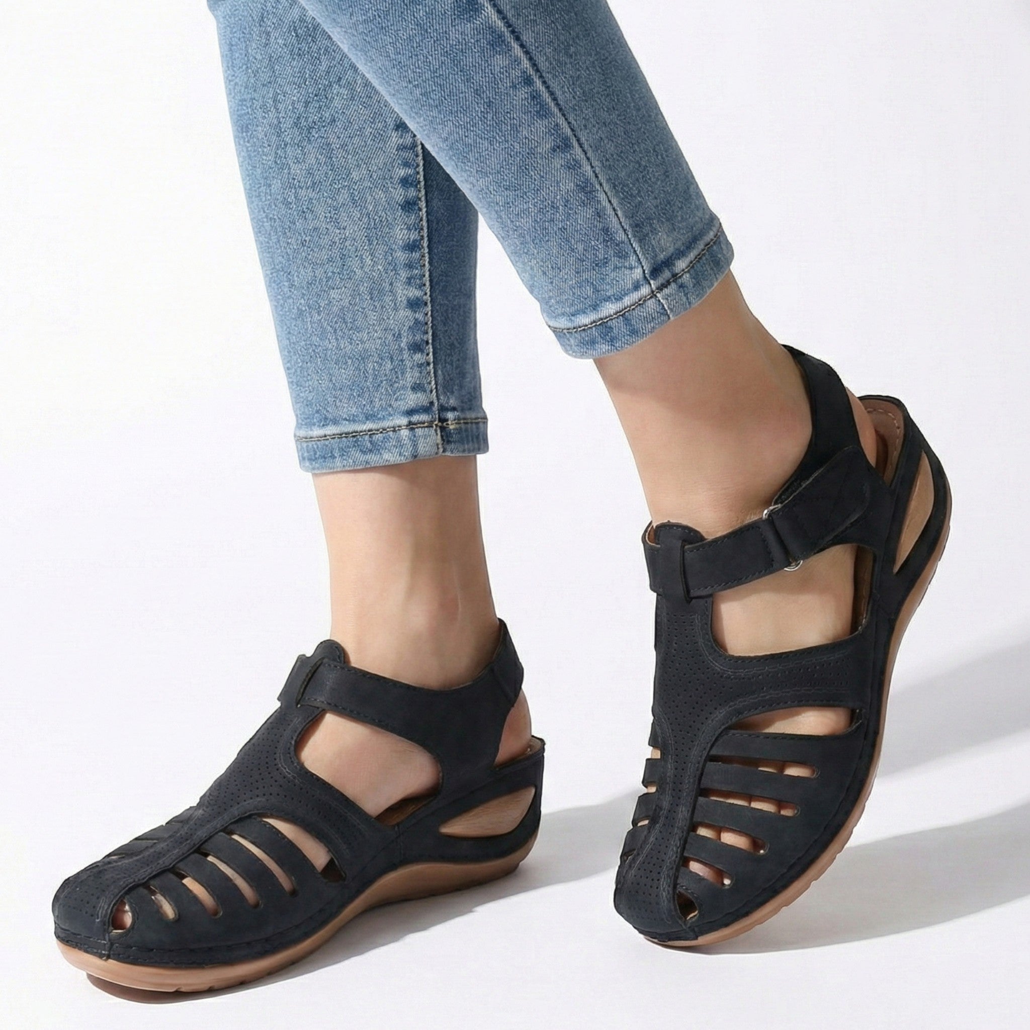 Eleanor - Women's Wedge Sandals with Breathable Cut - Outs - Sandals - Black - Taylor & Bennett