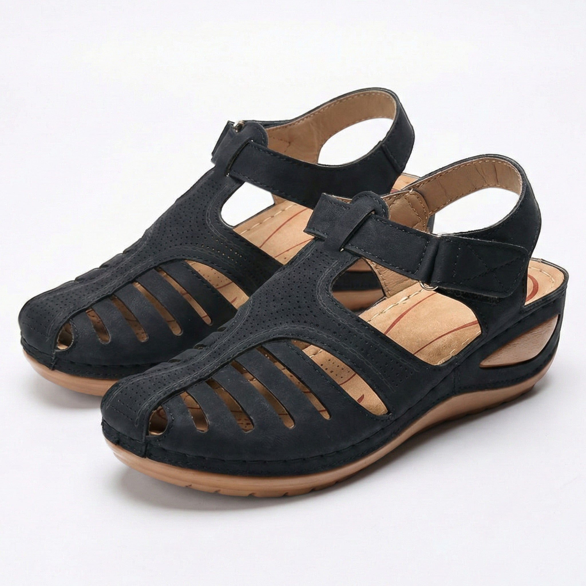 Eleanor - Women's Wedge Sandals with Breathable Cut - Outs - Sandals - Black - Taylor & Bennett
