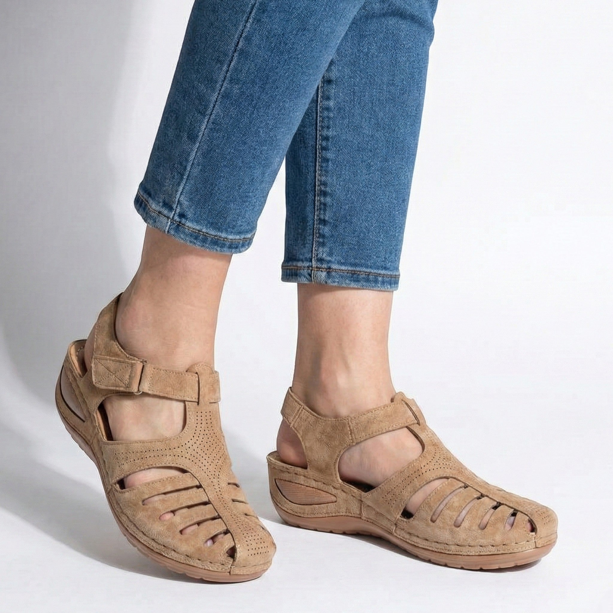 Eleanor - Women's Wedge Sandals with Breathable Cut - Outs - Sandals - Beige - Taylor & Bennett