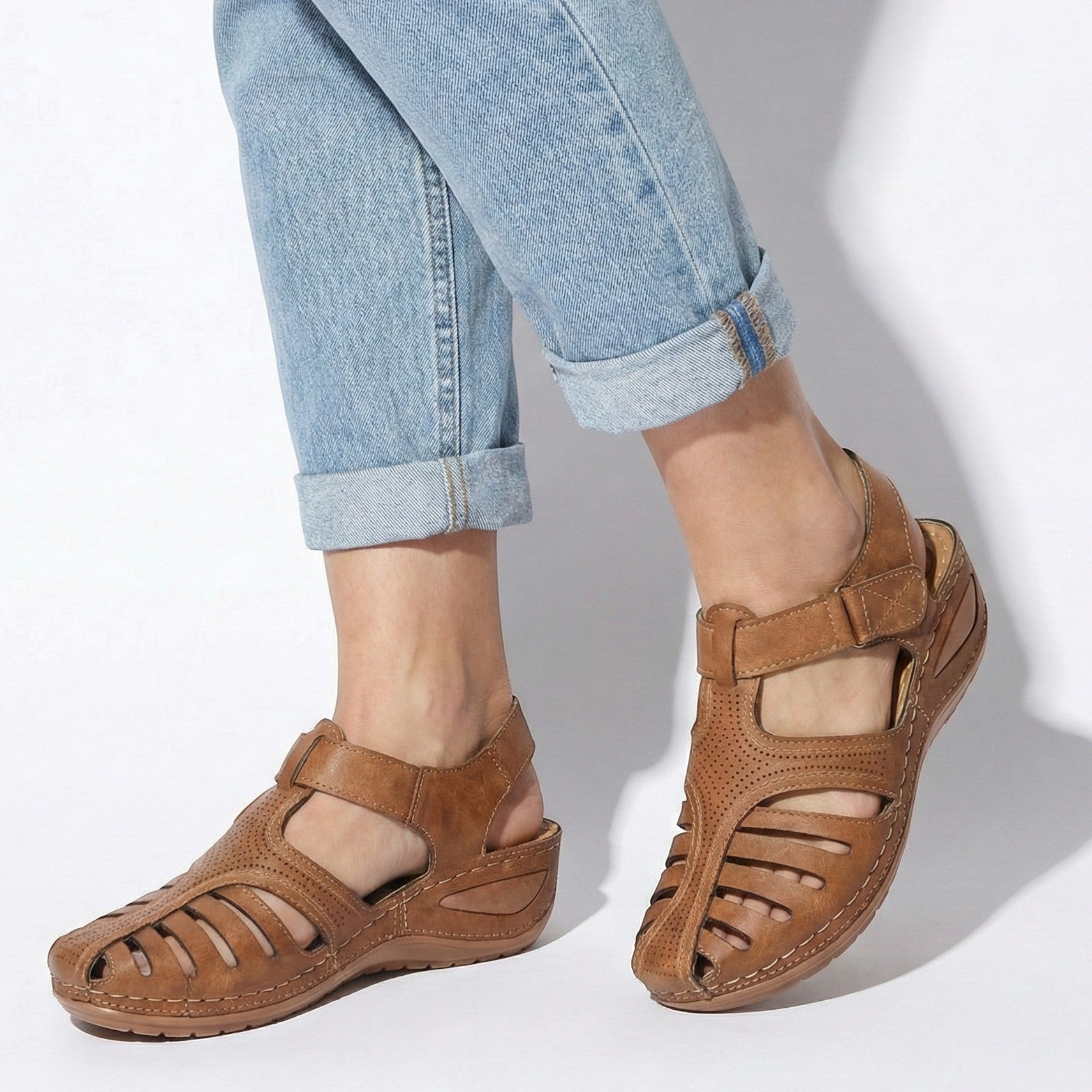 Eleanor - Women's Wedge Sandals with Breathable Cut - Outs - Sandals - Brown - Taylor & Bennett