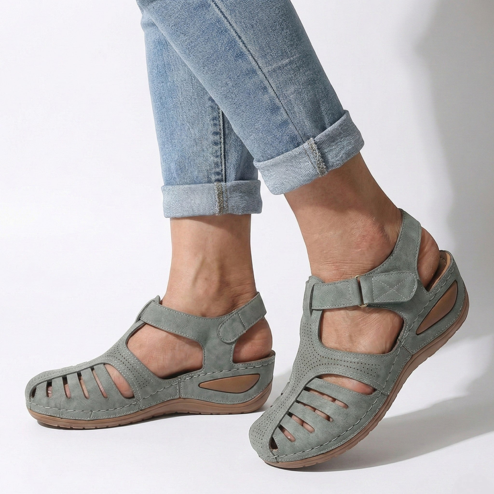 Eleanor - Women's Wedge Sandals with Breathable Cut - Outs - Sandals - Grey - Taylor & Bennett