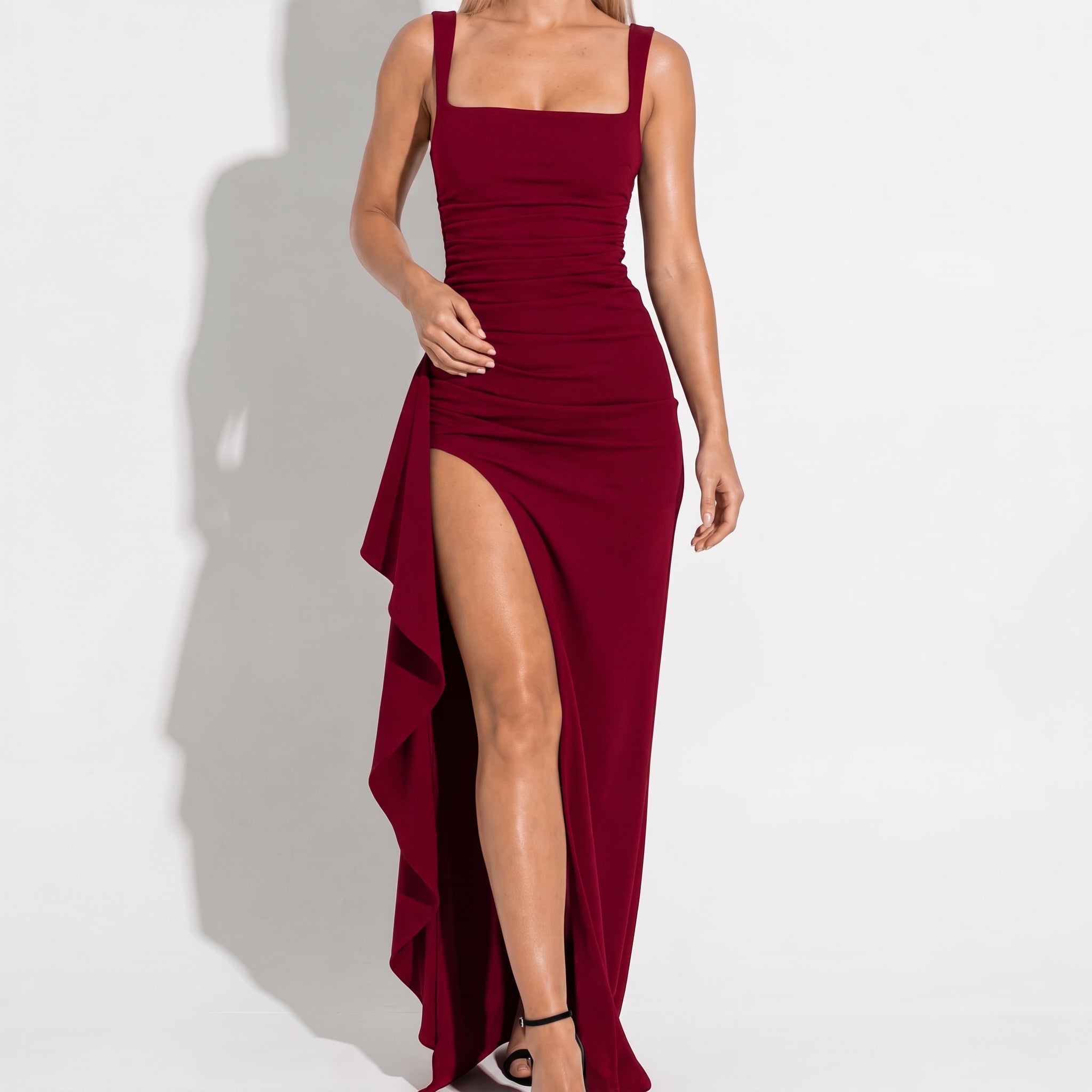 Elena - Women's Elegant Maxi Dress with High Slit - Maxi Dress - Burgundy - Taylor & Bennett