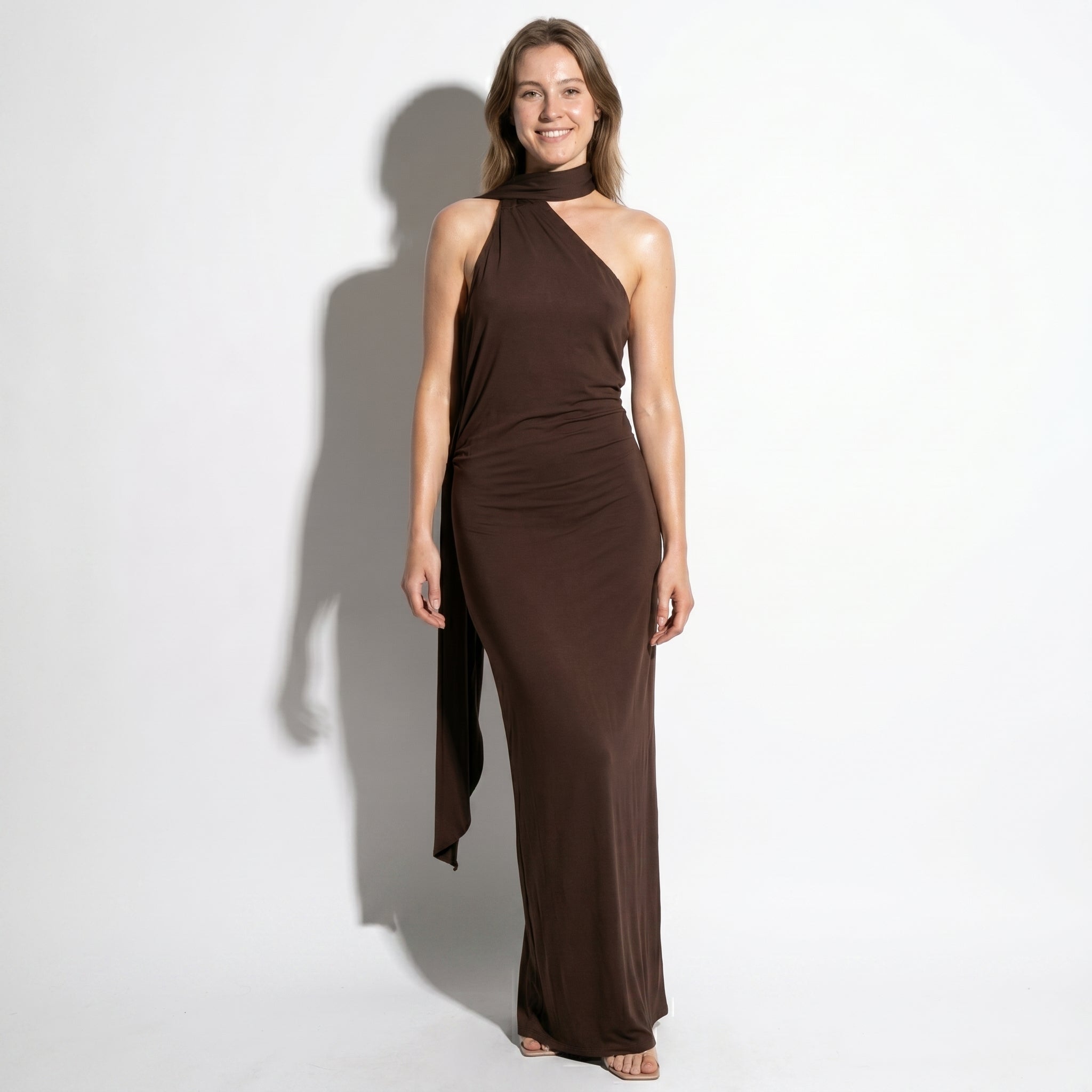 Elena - Women's Elegant Wedding Guest Backless Maxi Dress - Dress - Brown - Taylor & Bennett