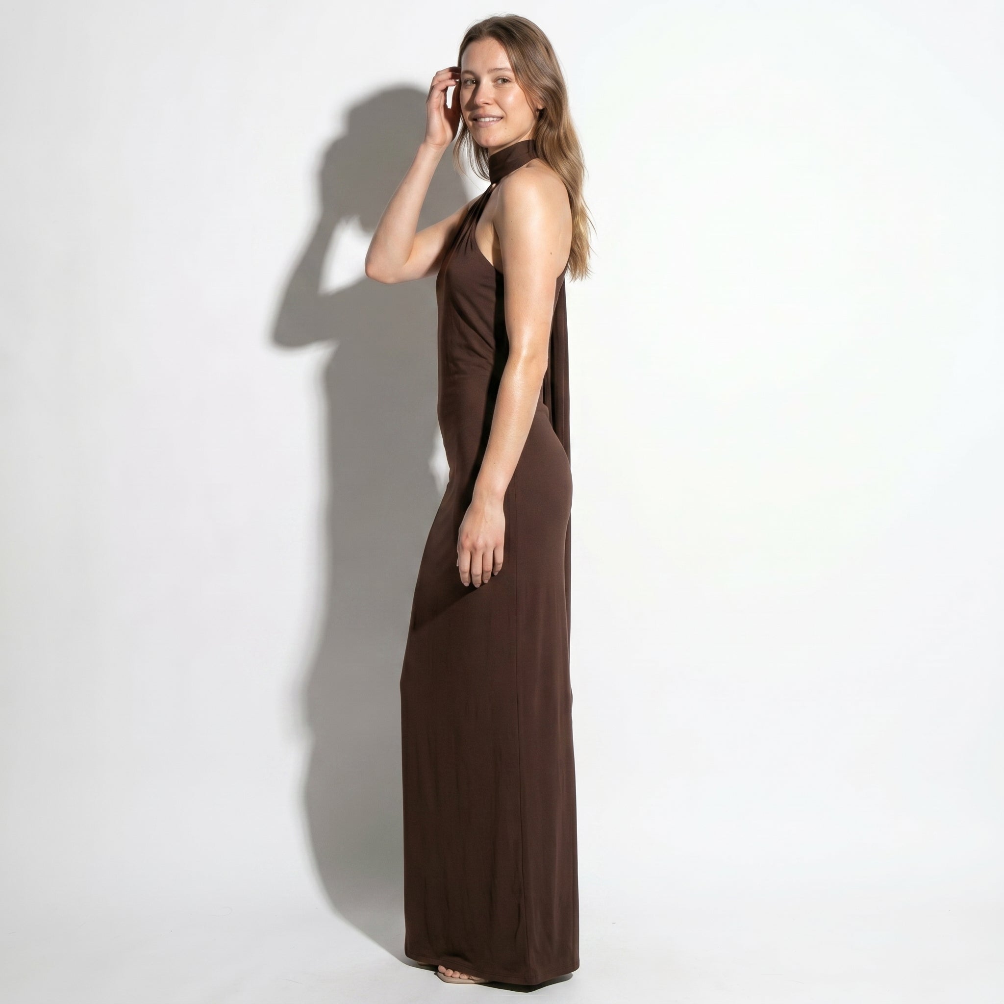 Elena - Women's Elegant Wedding Guest Backless Maxi Dress - Dress - Brown - Taylor & Bennett