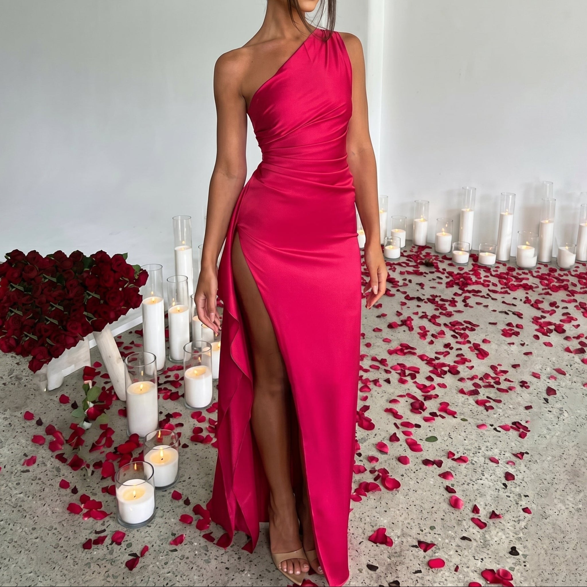 Elena - Women's Evening Ruched High Split Maxi Dress - Maxi Dress Women - Red - Taylor & Bennett