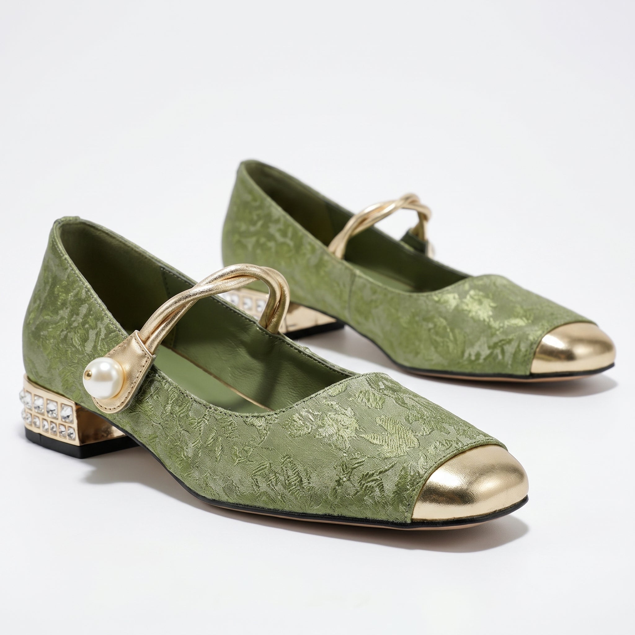 Elena - Women's Low Heel Pumps with Pearl Strap - Sandal - Green - Taylor & Bennett