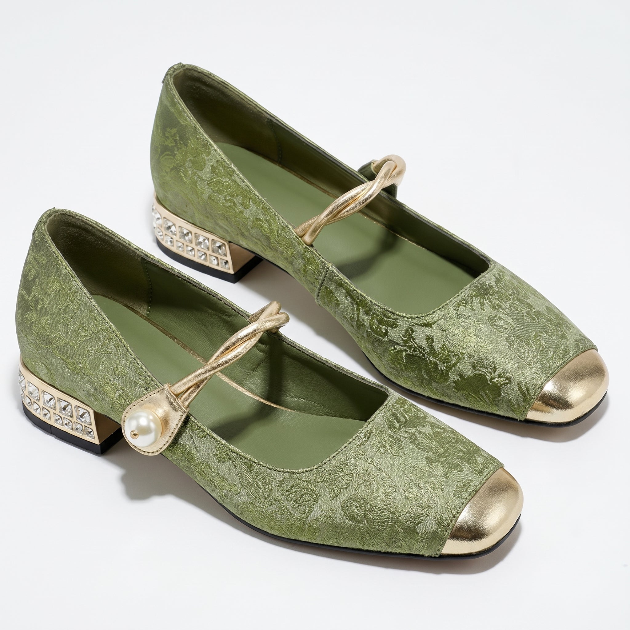 Elena - Women's Low Heel Pumps with Pearl Strap - Sandal - Green - Taylor & Bennett