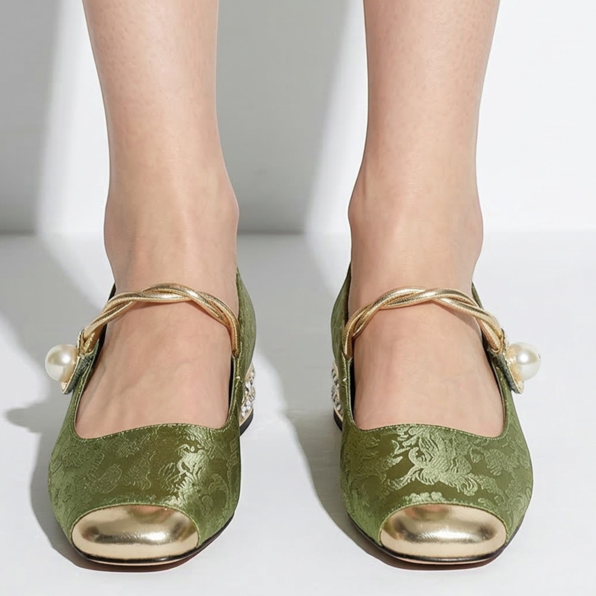 Elena - Women's Low Heel Pumps with Pearl Strap - Sandal - Green - Taylor & Bennett
