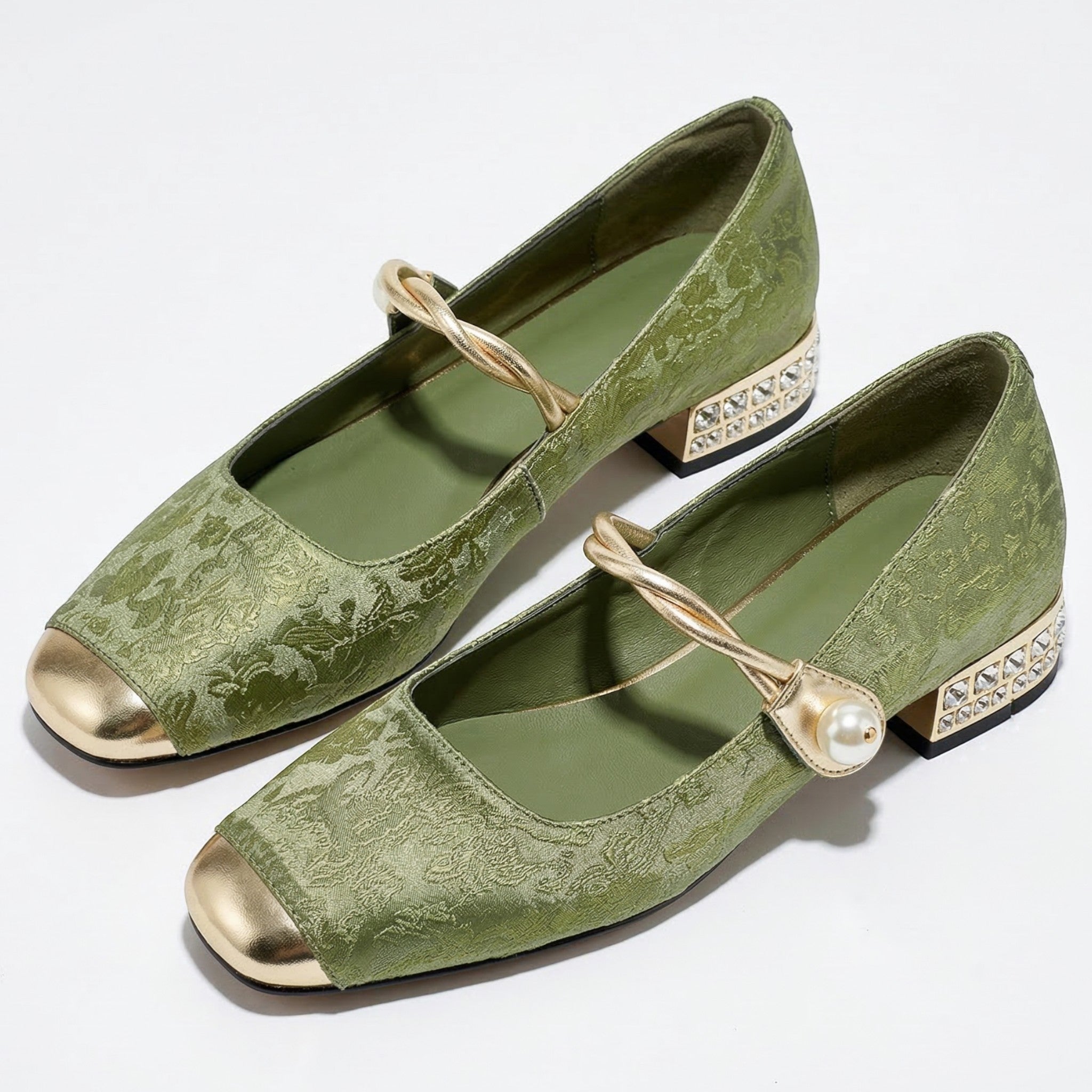 Elena - Women's Low Heel Pumps with Pearl Strap - Sandal - Green - Taylor & Bennett