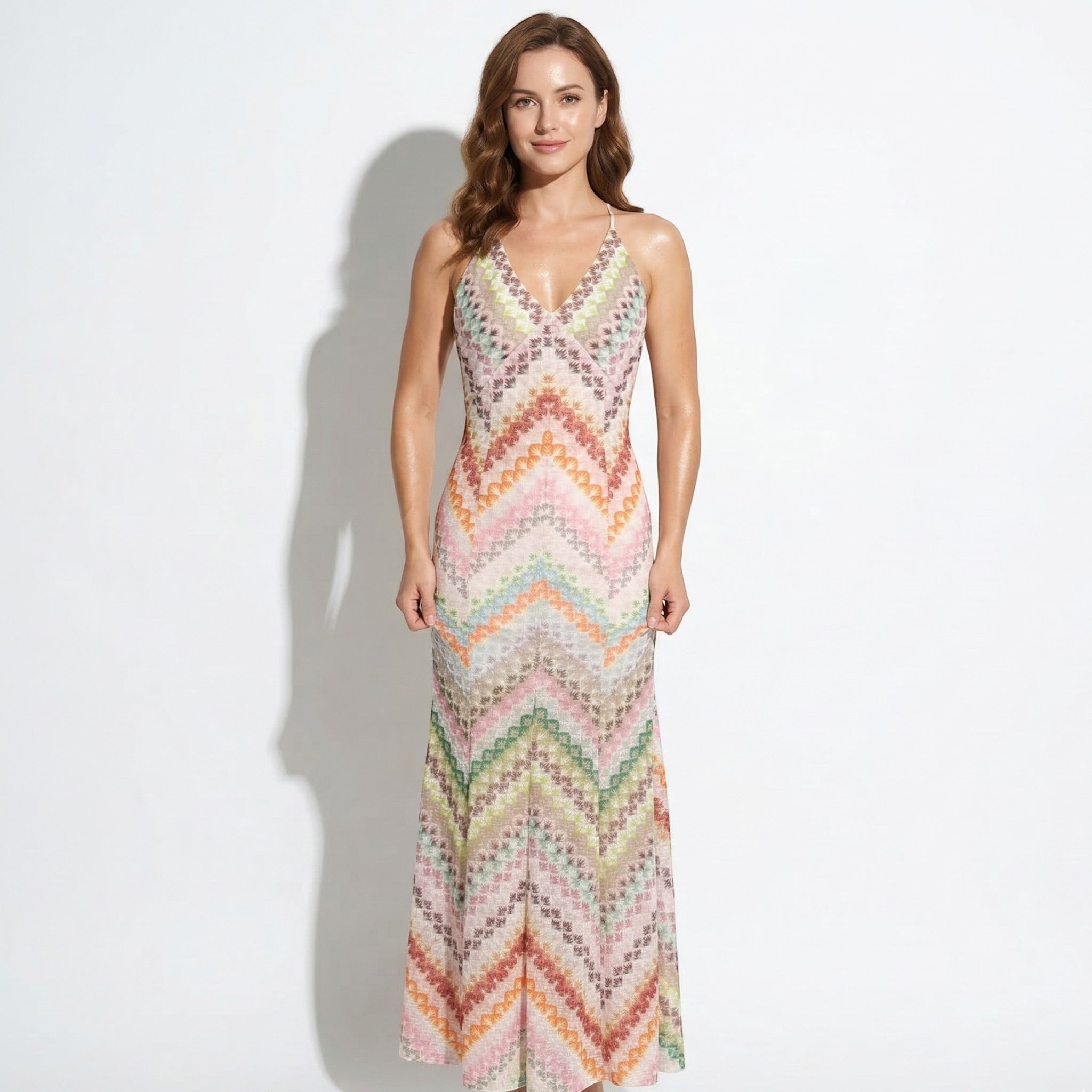 Elena - Women's V - Neck Maxi Dress with Chevron Pattern - Maxi Dress - Multicoloured - Taylor & Bennett