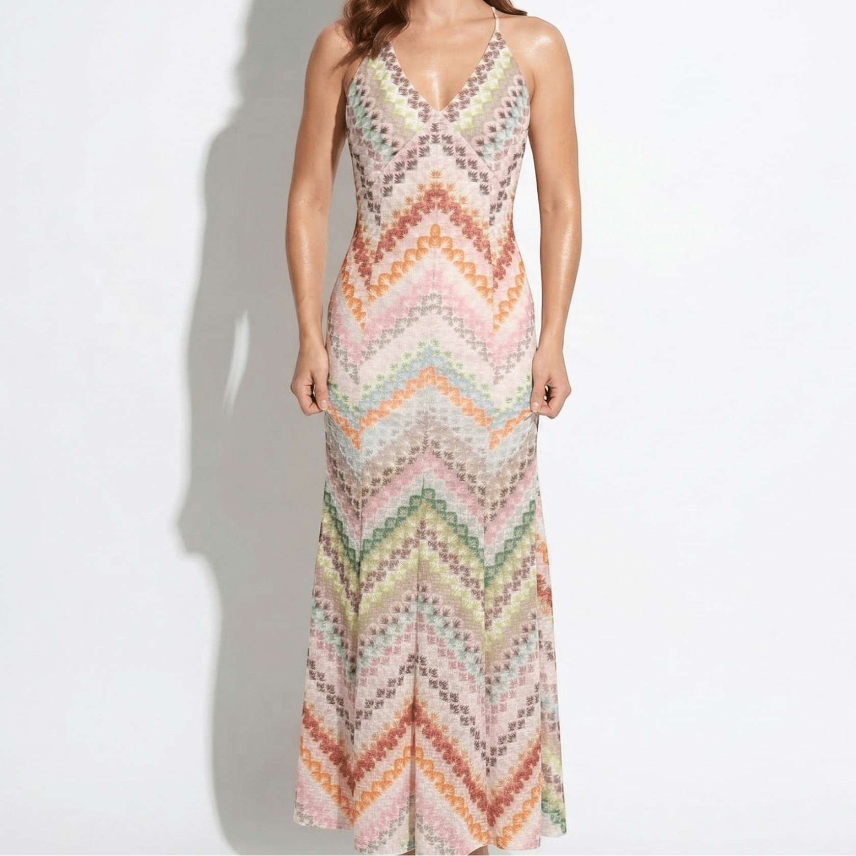 Elena - Women's V - Neck Maxi Dress with Chevron Pattern - Maxi Dress - Multicoloured - Taylor & Bennett