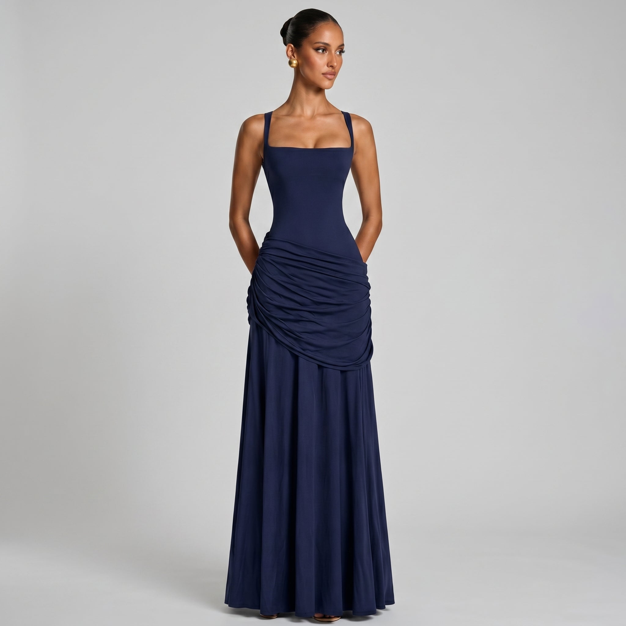Elise - Women's Wedding Guest Ruched Maxi Dress - Maxi Dress - Dark Blue - Taylor & Bennett